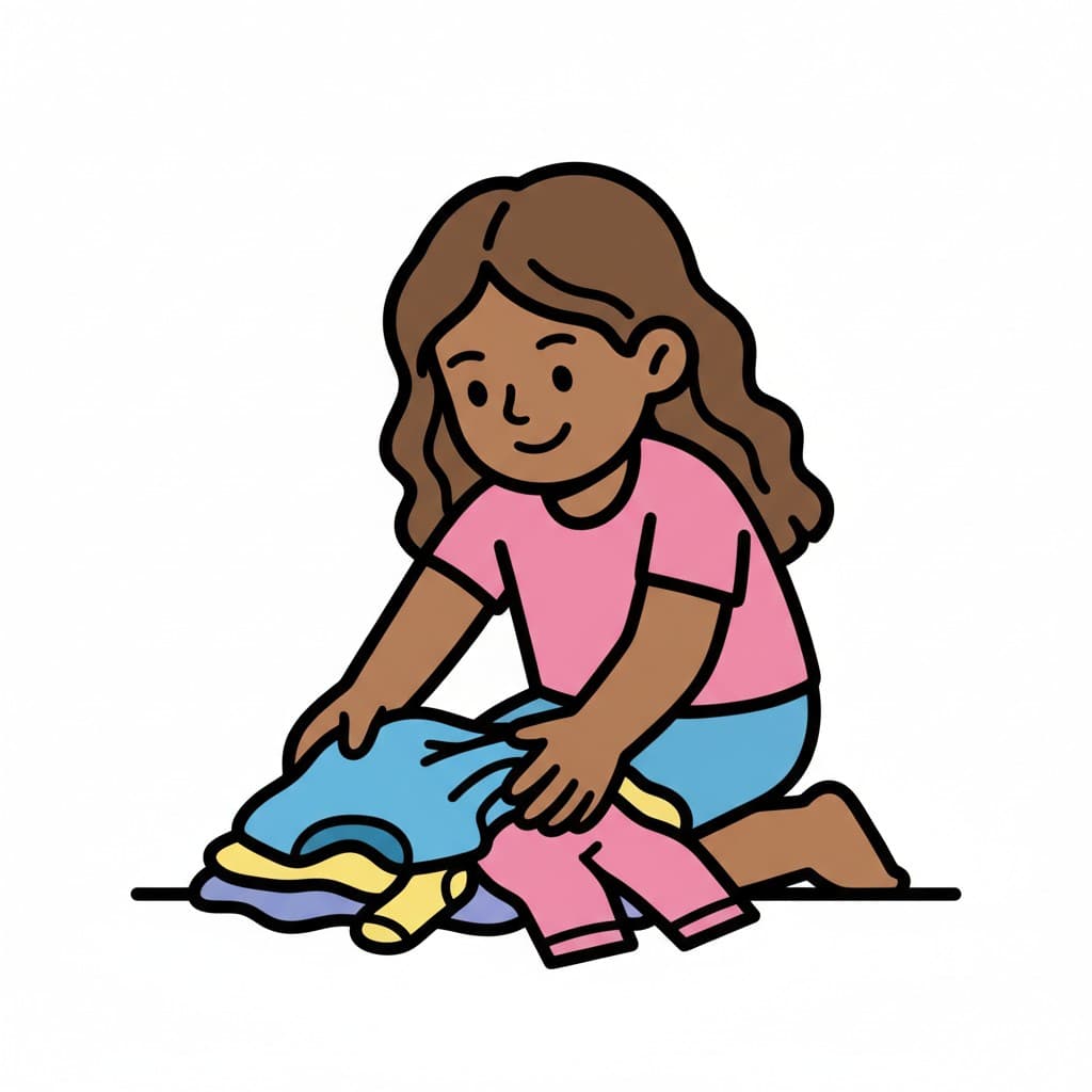 A girl kneels on the floor, picking up a pile of clothes.