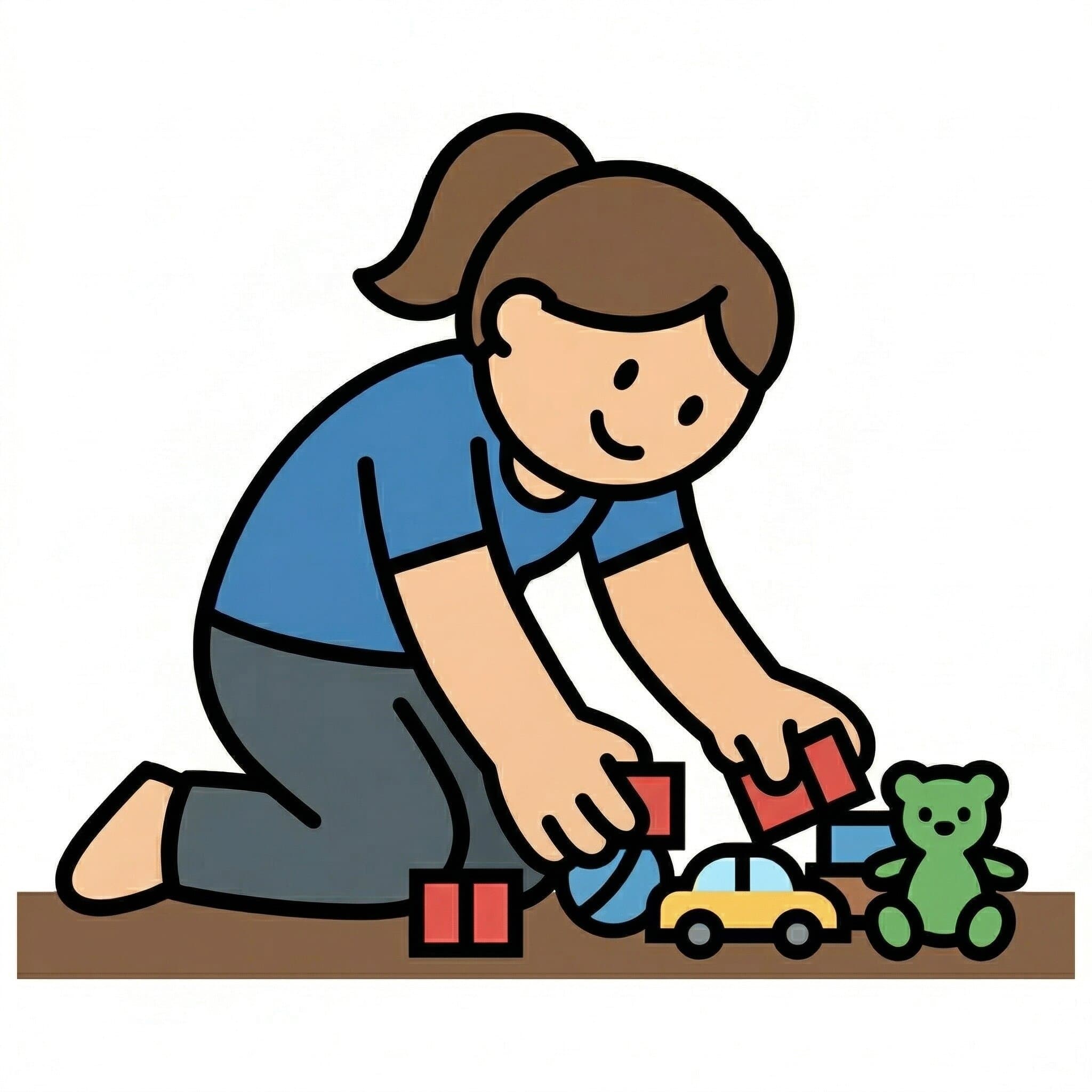 A person wearing gloves is picking up toys, including blocks, a car, and a teddy bear, from the floor.