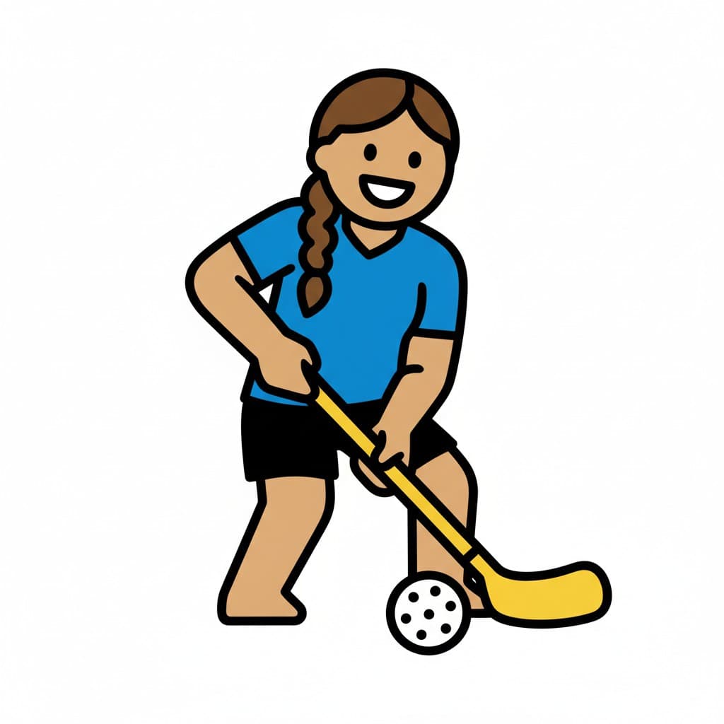 En person med flettet hår spiller innebandy med kølle og ball.