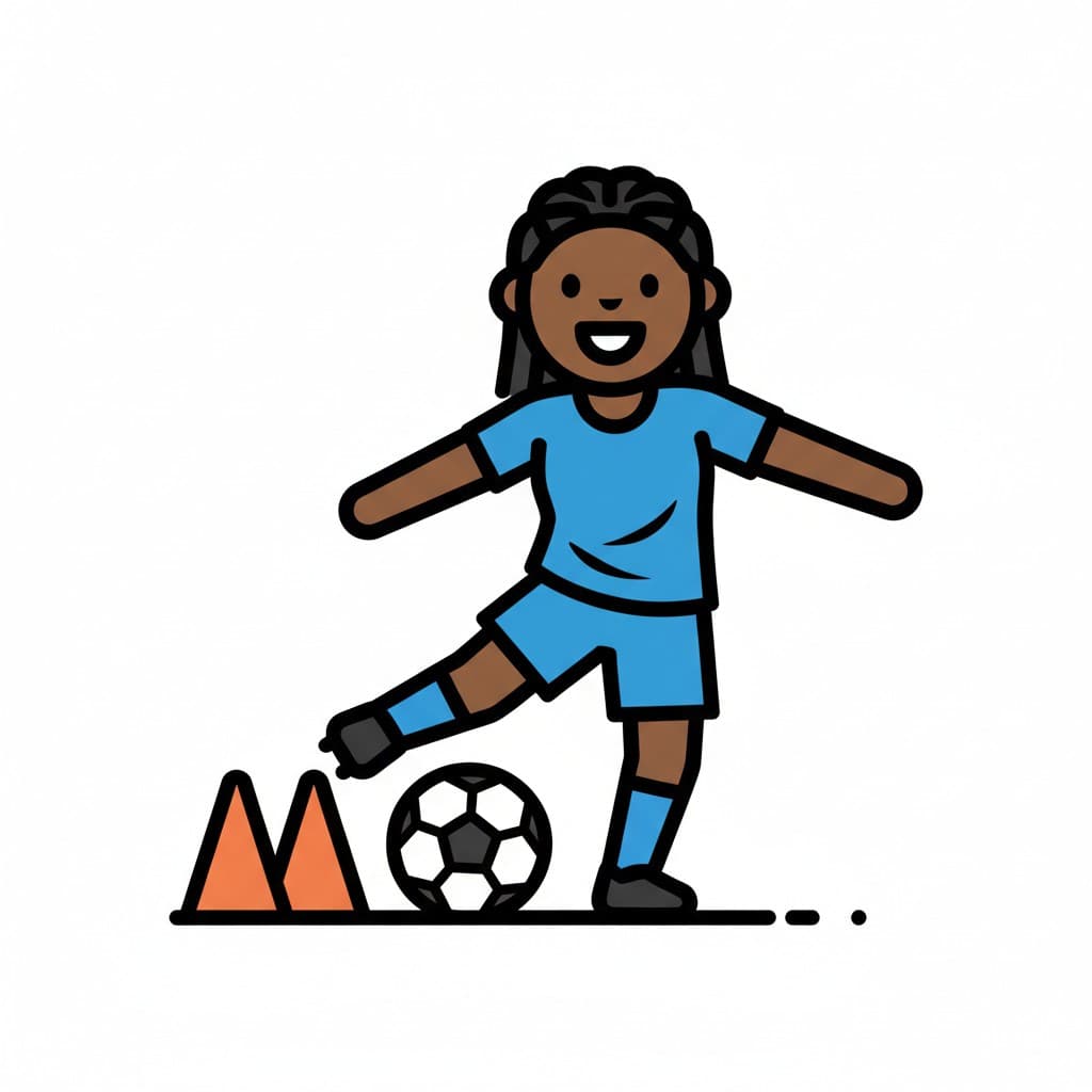 En person spiller fotball og sparker en ball mellom to kjegler.