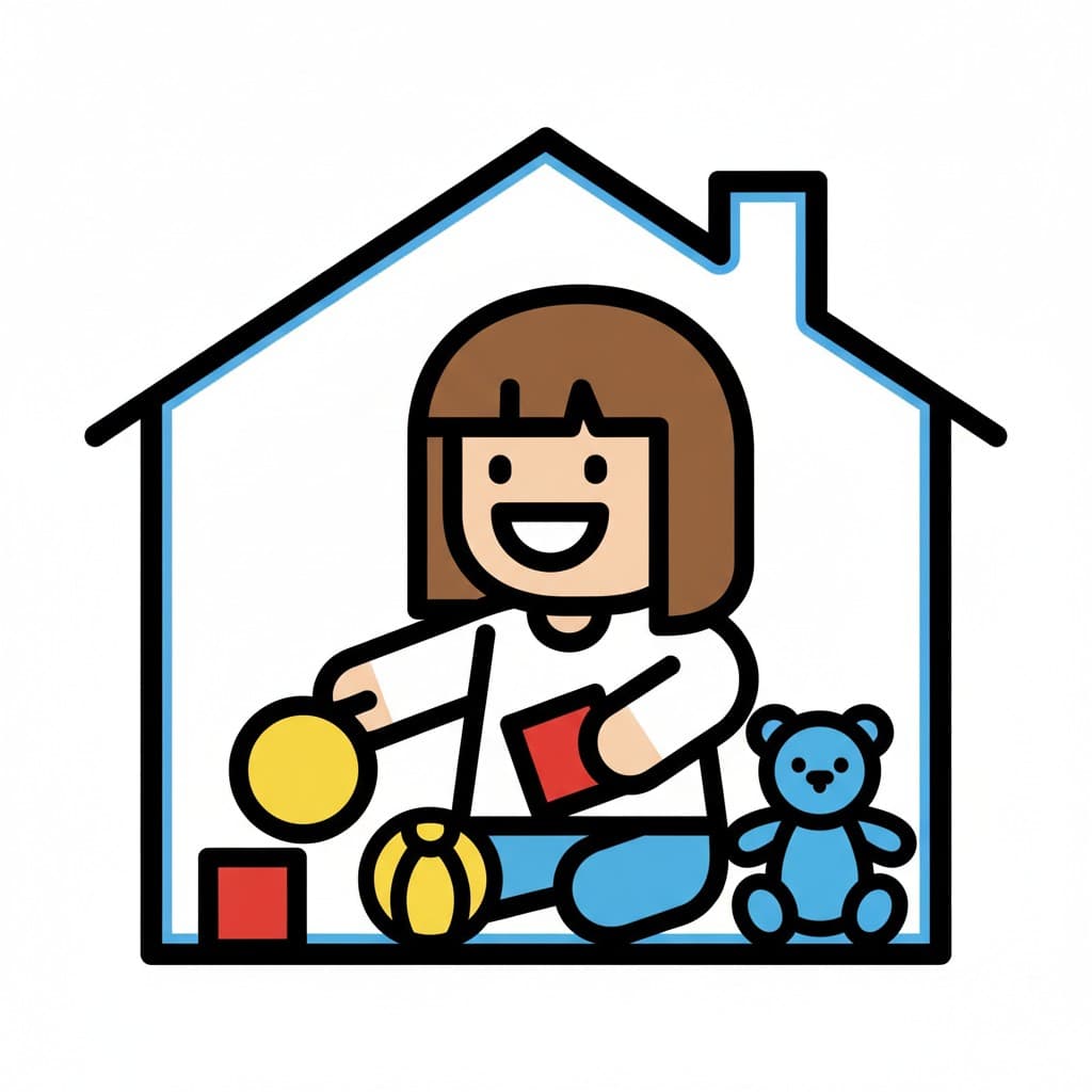 Et barn sidder på gulvet inde i en huskontur og leger med klodser og en bold.