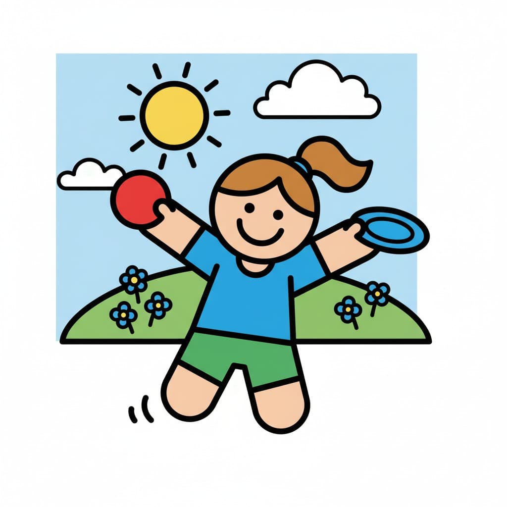 En flicka hoppar utomhus samtidigt som hon håller en röd boll och en blå frisbee.