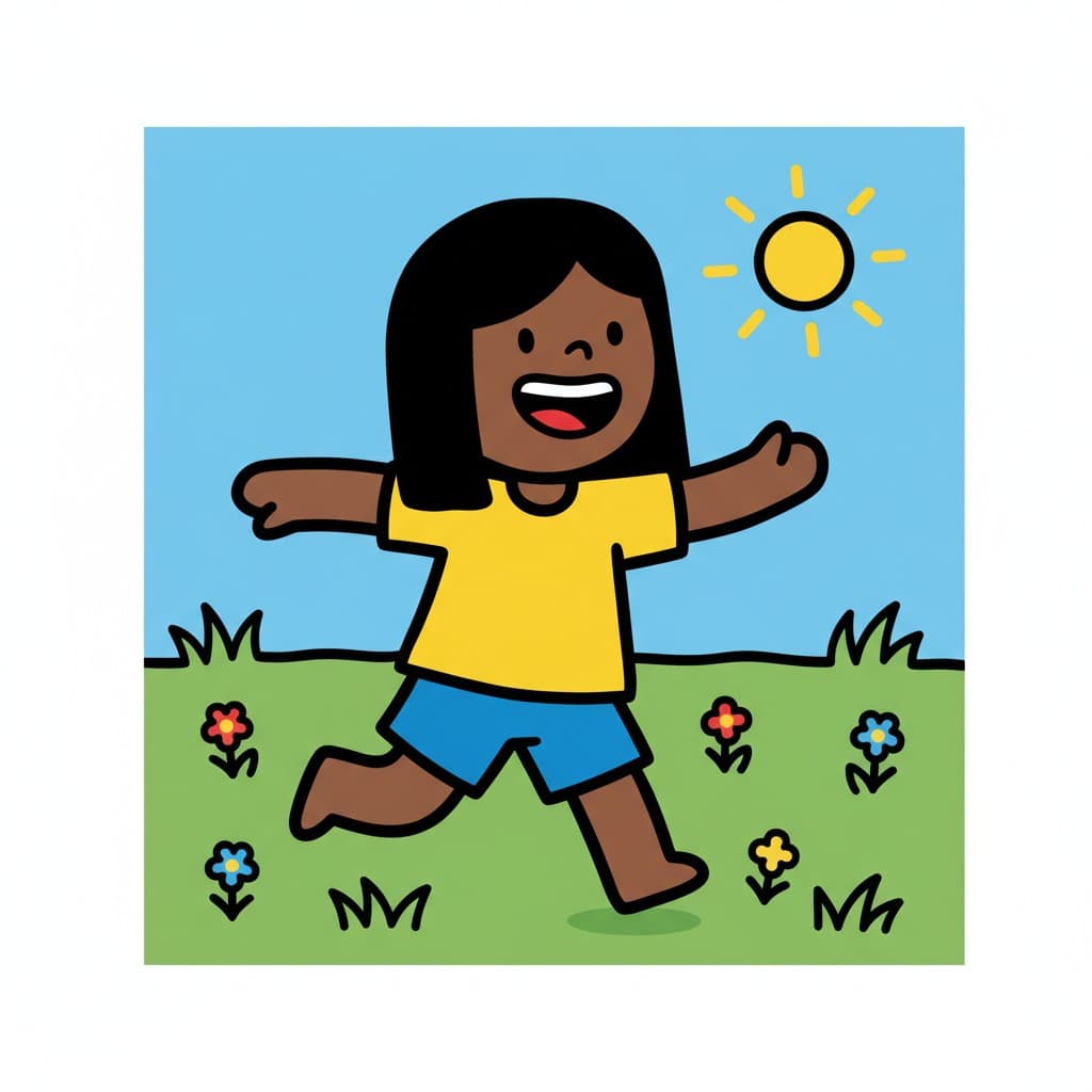 En pige løber glad udenfor på en grøn mark med farverige blomster under en blå himmel med en gul sol.