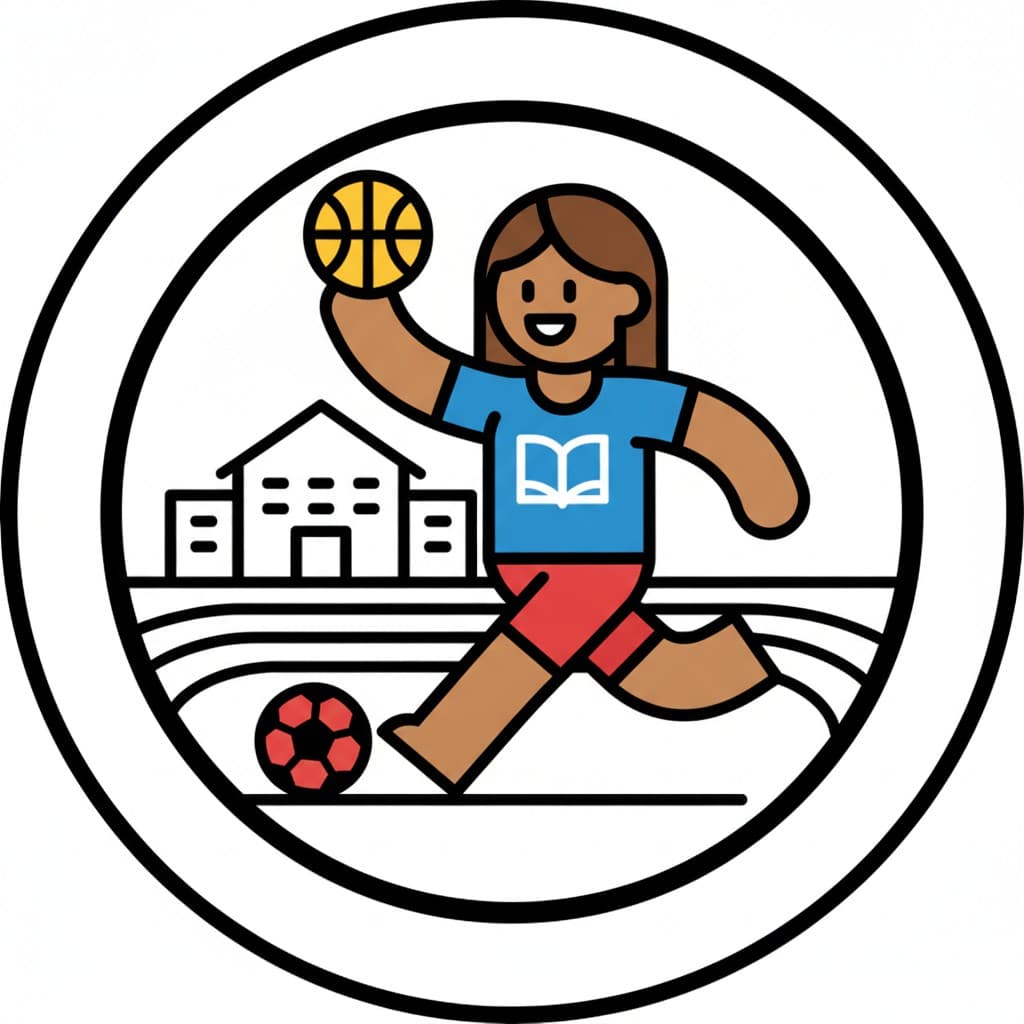 En pige løber med en basketbold i hånden på skolens område, med en fodbold og skolebygningen bag sig.