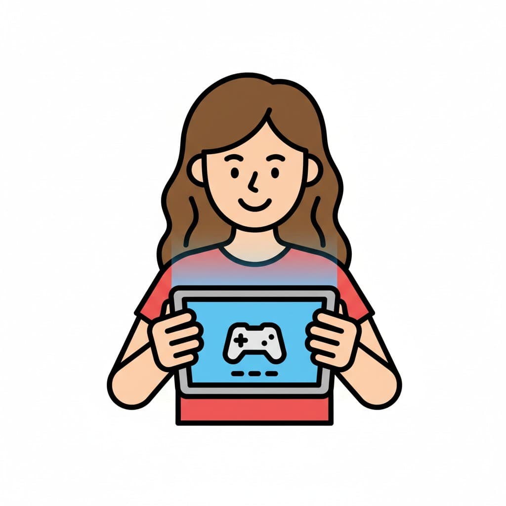 A smiling girl playing games on a tablet.