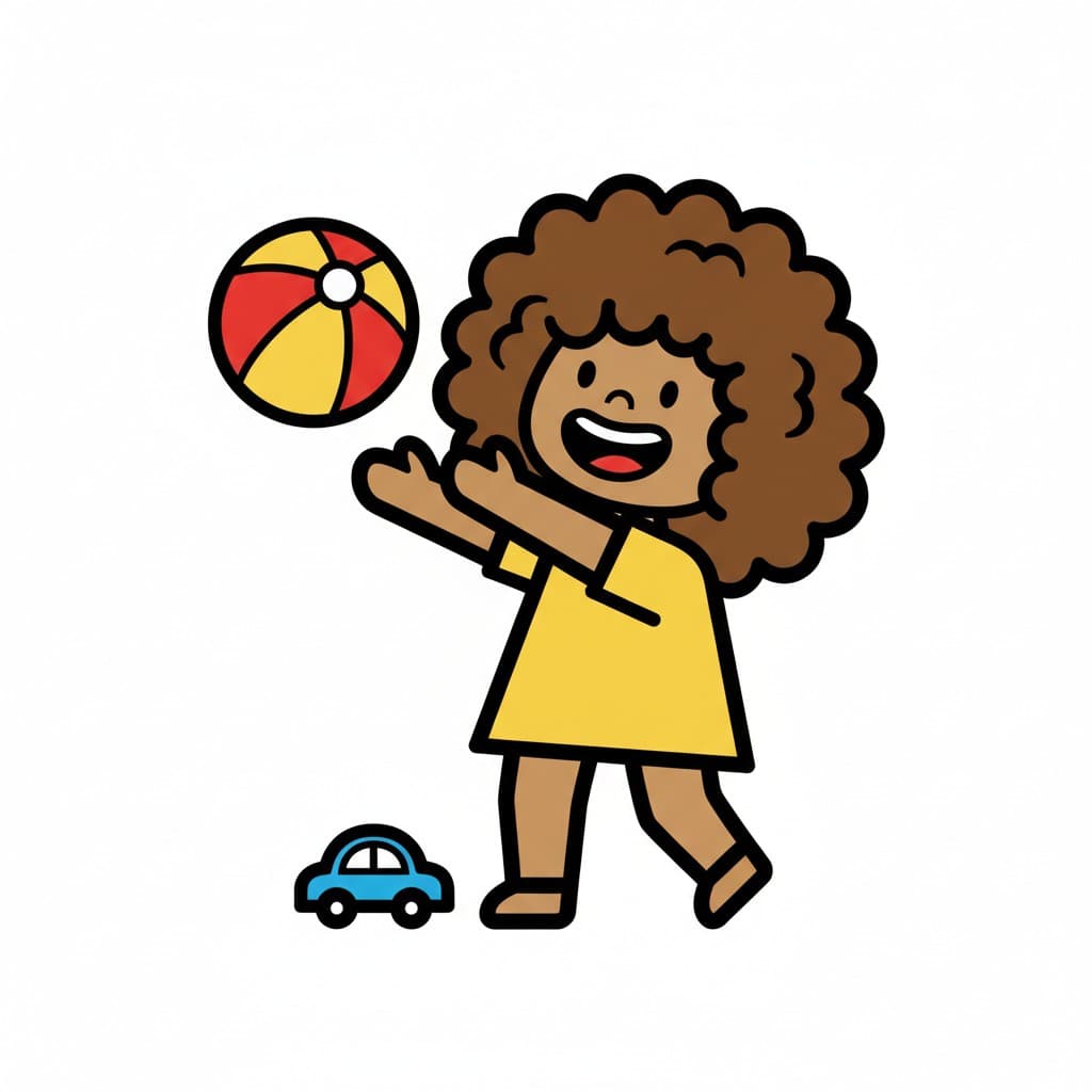 En flicka leker med en boll och en leksaksbil.