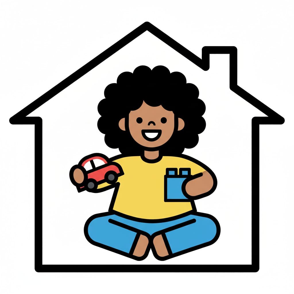 En tecknad flicka med ett glatt ansikte sitter med korslagda ben inuti en husform. Hon håller i en röd bil och ett blått byggblock.