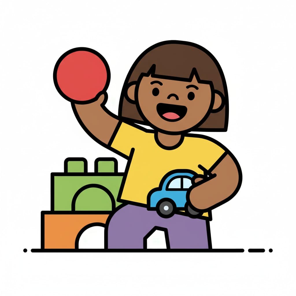 En flicka leker med en boll, en leksaksbil och byggklossar.