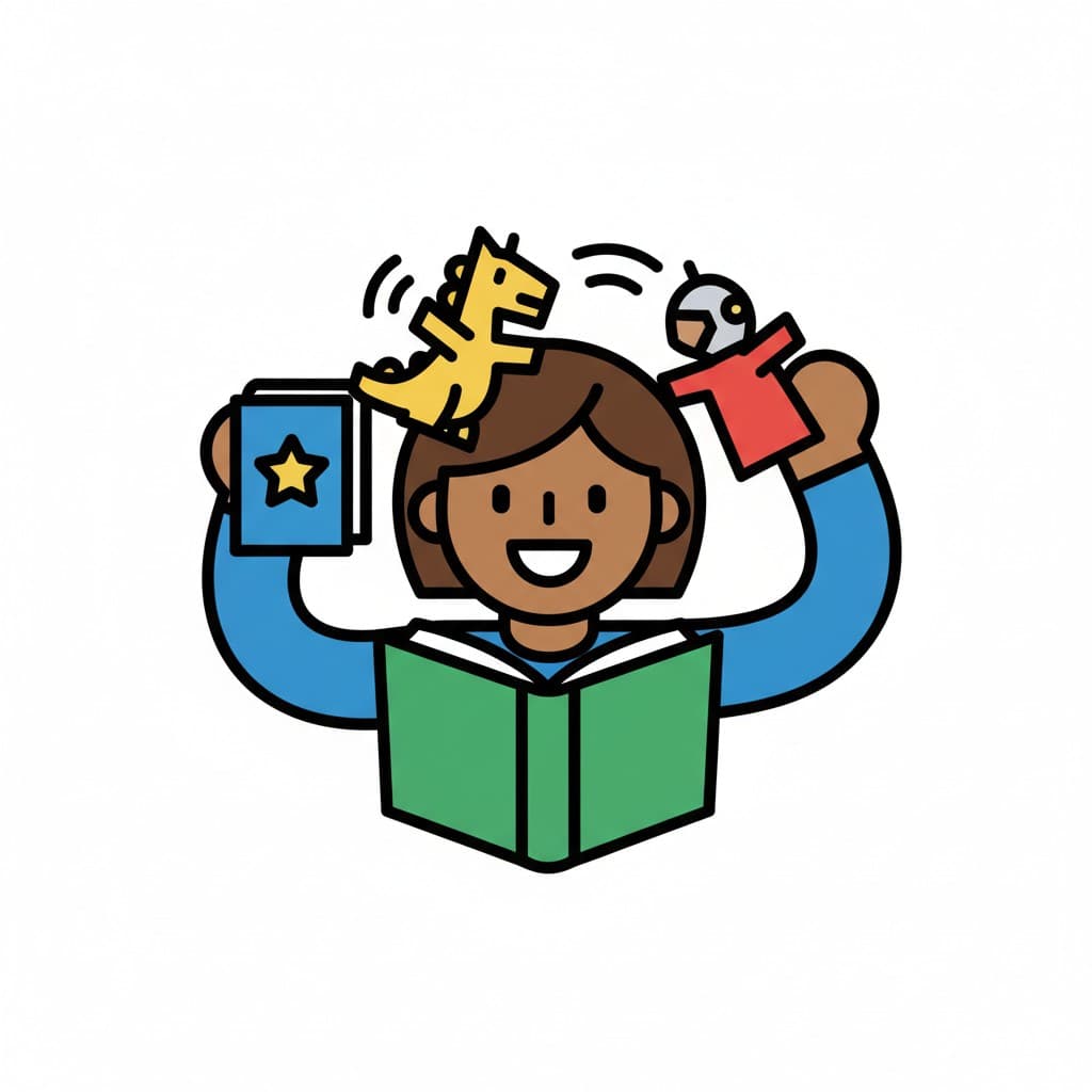 A person reads a book and plays with a yellow dinosaur and a red robot.