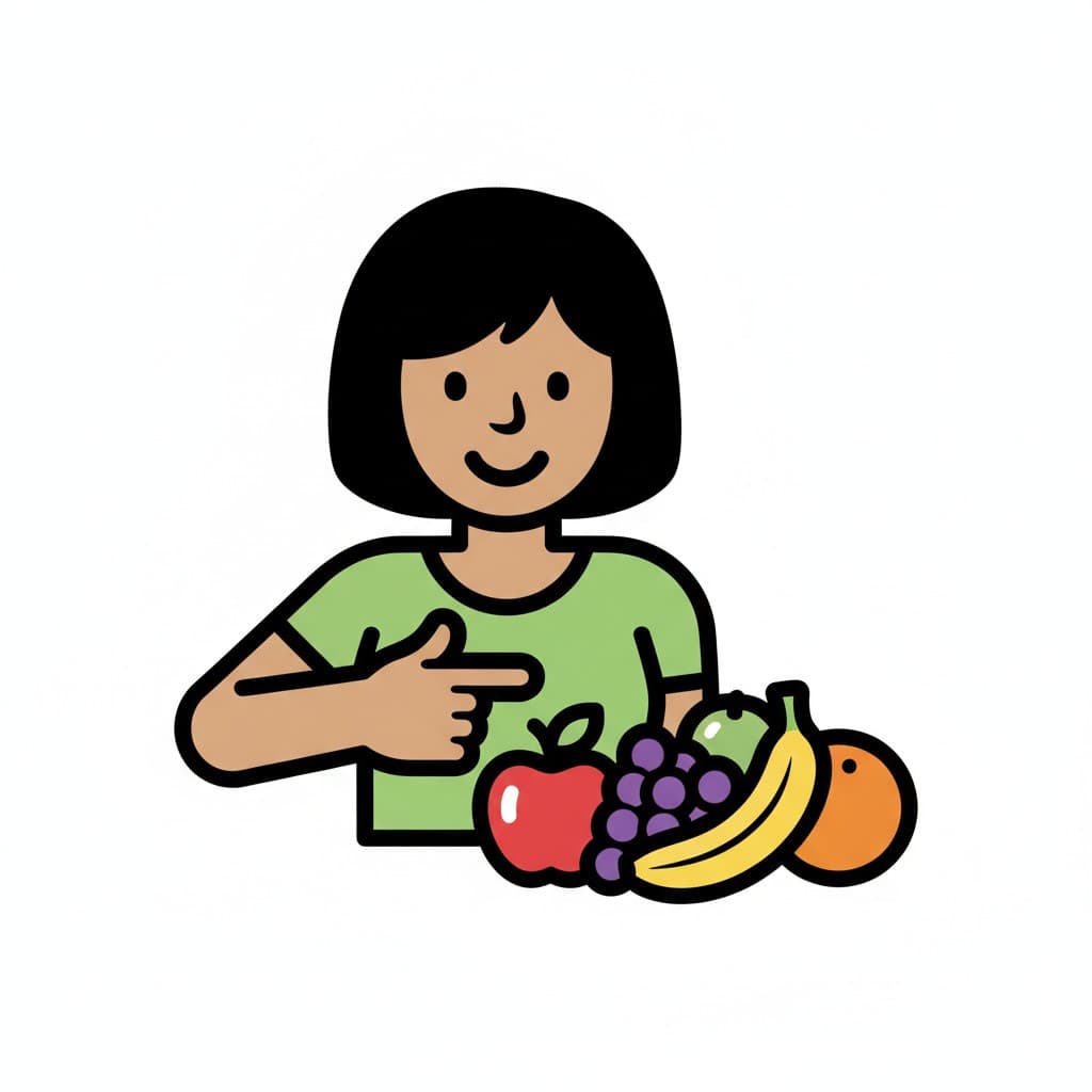 A girl points at a pile of fruit.