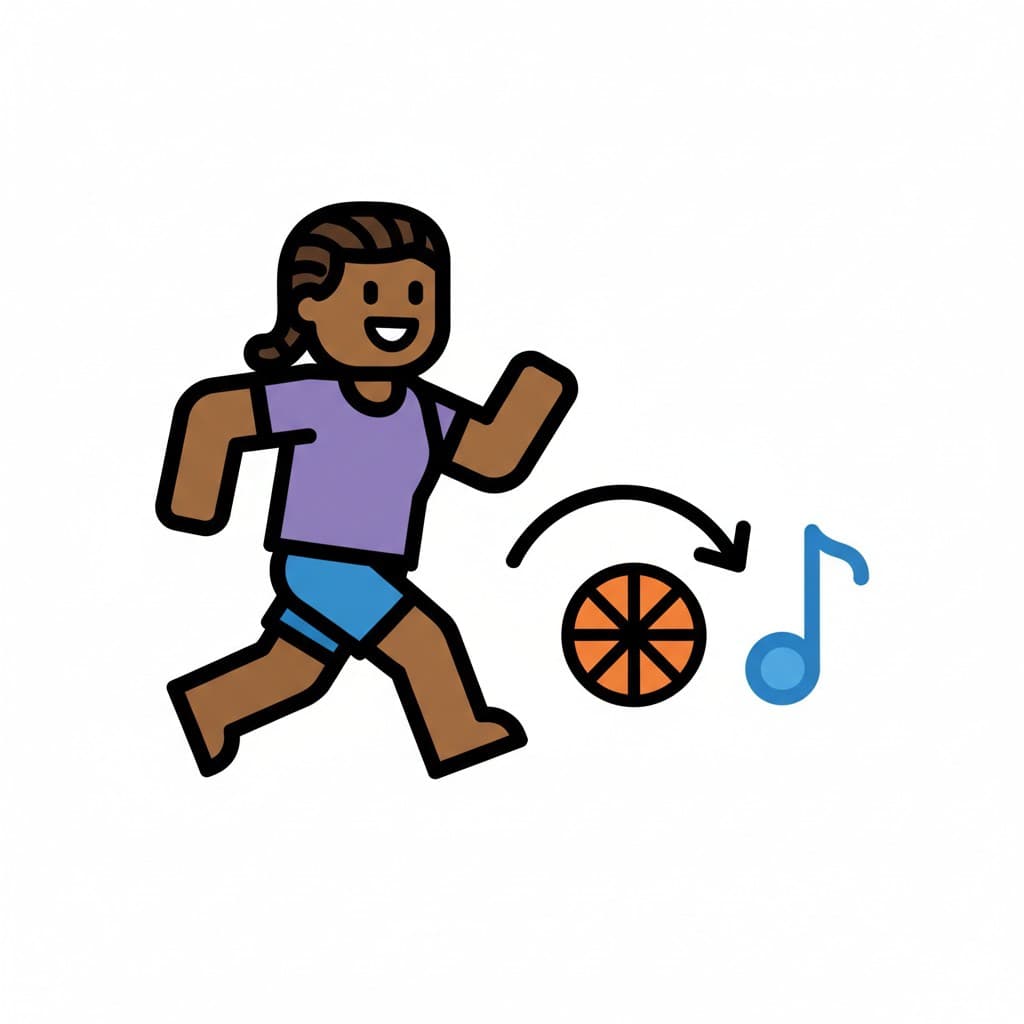 Henkilö juoksee koripallon ja nuotin vieressä, symboloi urheilun tai musiikin harjoittelua.
