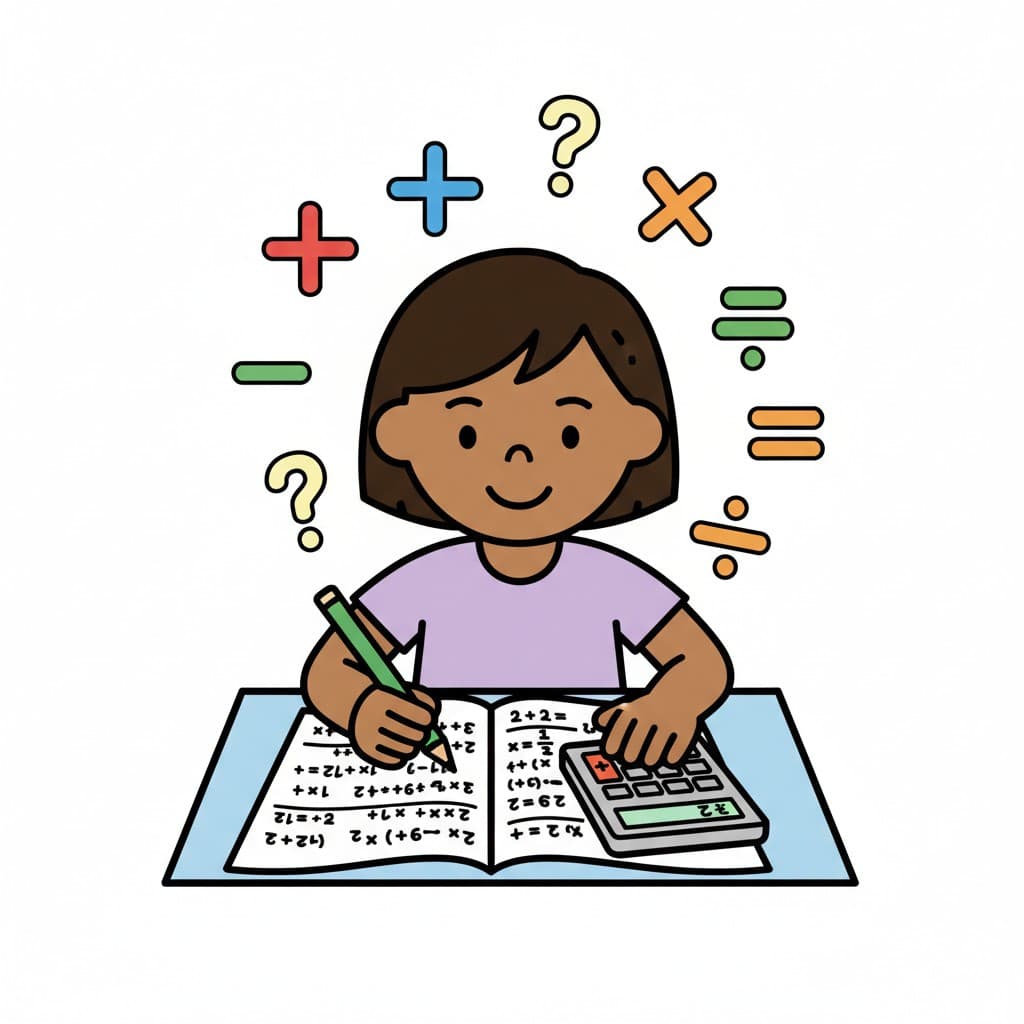 En flicka sitter vid ett bord och skriver i en mattebok. En miniräknare ligger bredvid boken. Matematiska symboler svävar runt hennes huvud.