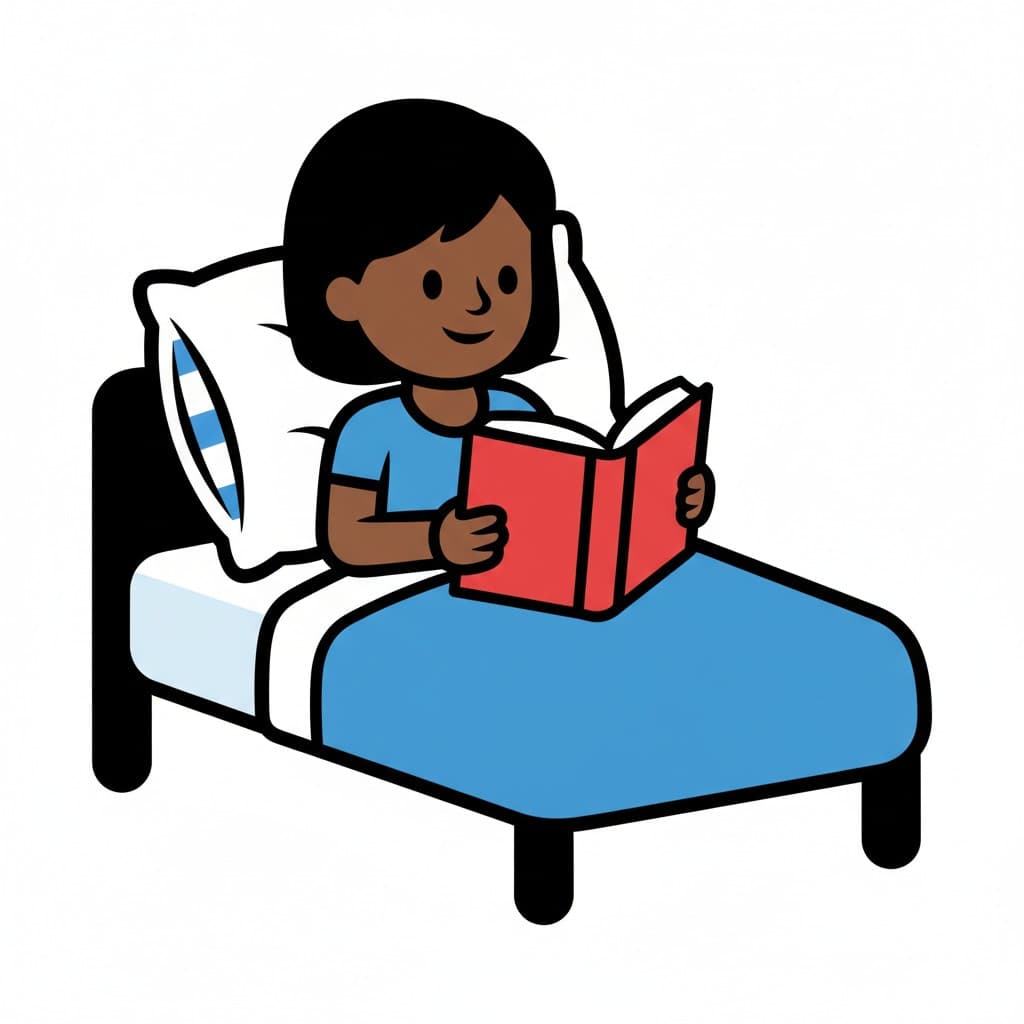A girl leans back against a pillow in a bed with a blue cover and holds an open red book in front of her.