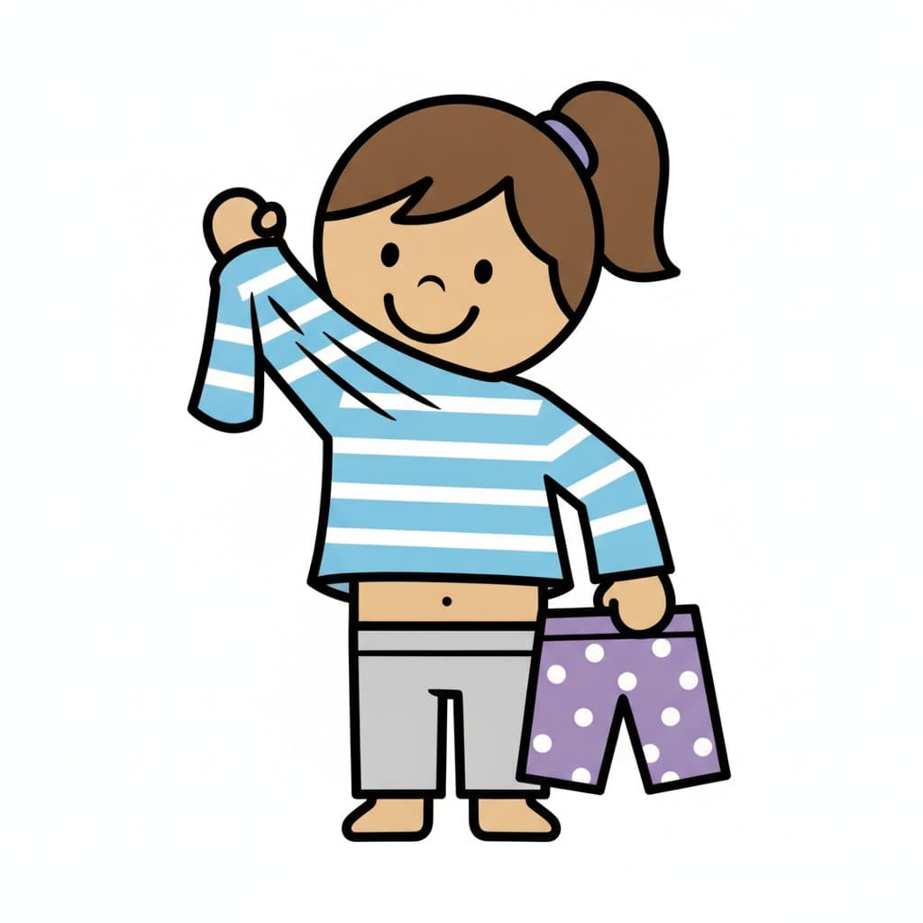 Med hestehale trækker en pige armen gennem ærmet på en lyseblå stribet pyjamastrøje og holder lilla prikkede pyjamasbukser i den anden hånd.