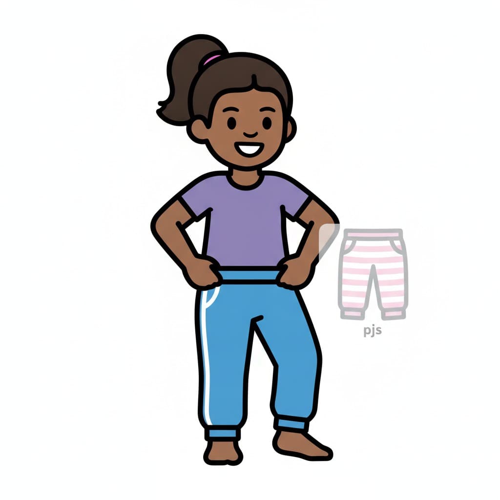 A girl pulls up a pair of blue track pants, with striped pyjama bottoms shown as the other choice.