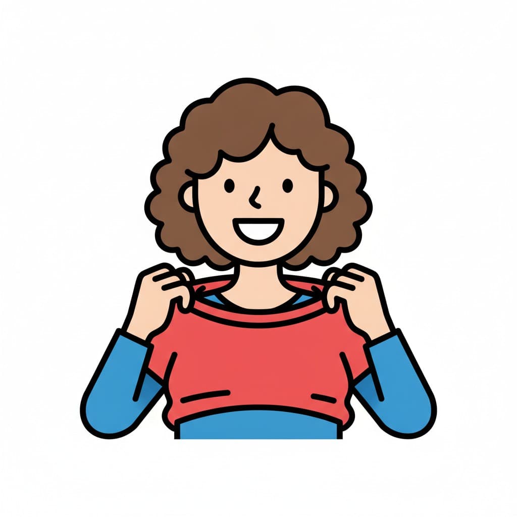 A curly-haired girl settles a red top into place over a blue long-sleeved shirt.