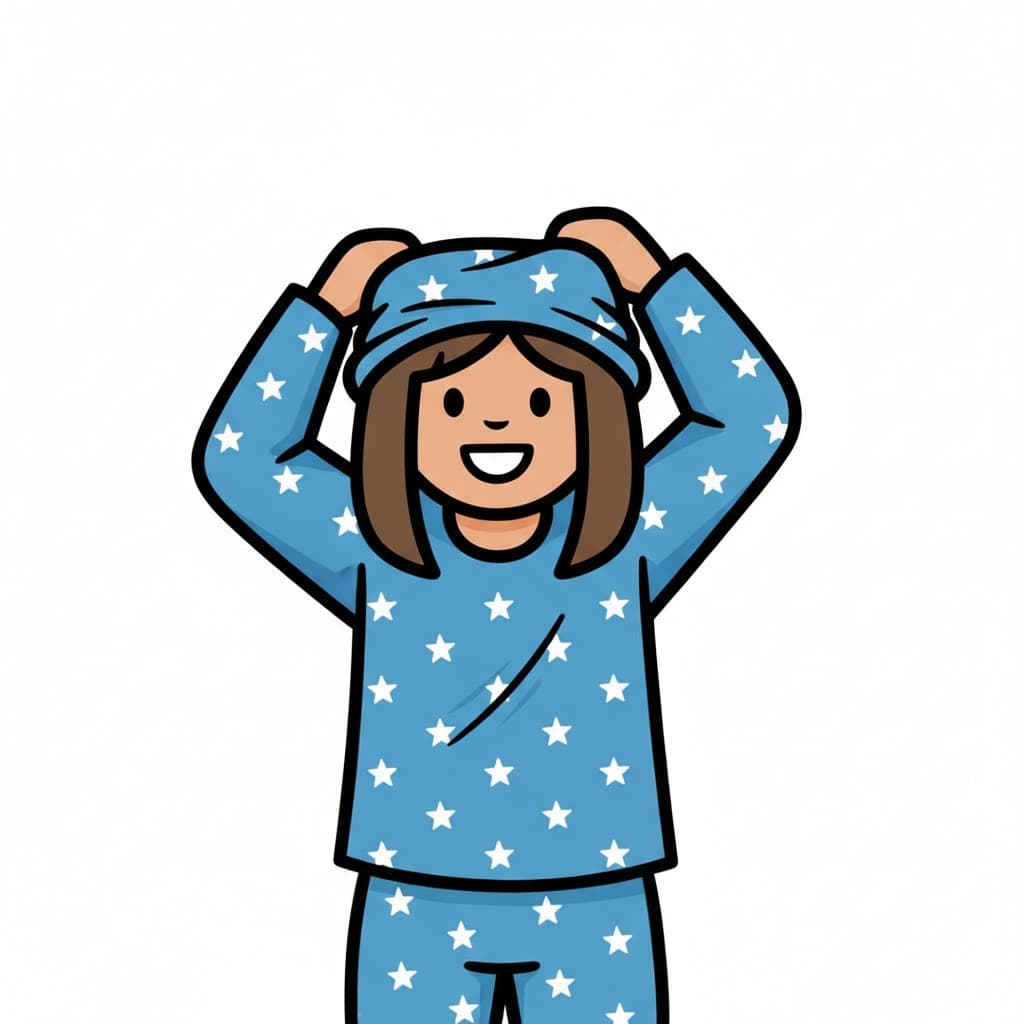 A girl pulls a blue star pajama top over her head.