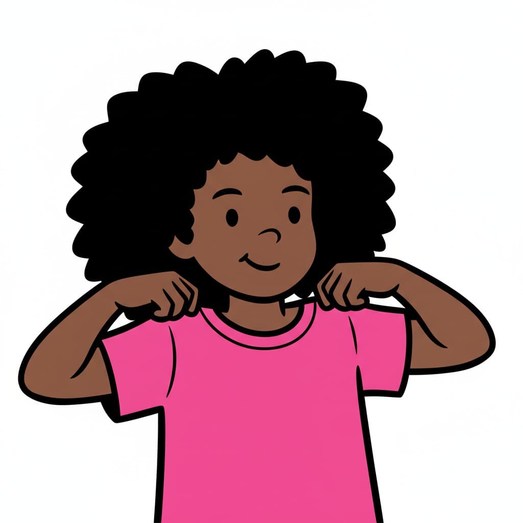 A girl pulls the collar of her pink t-shirt.