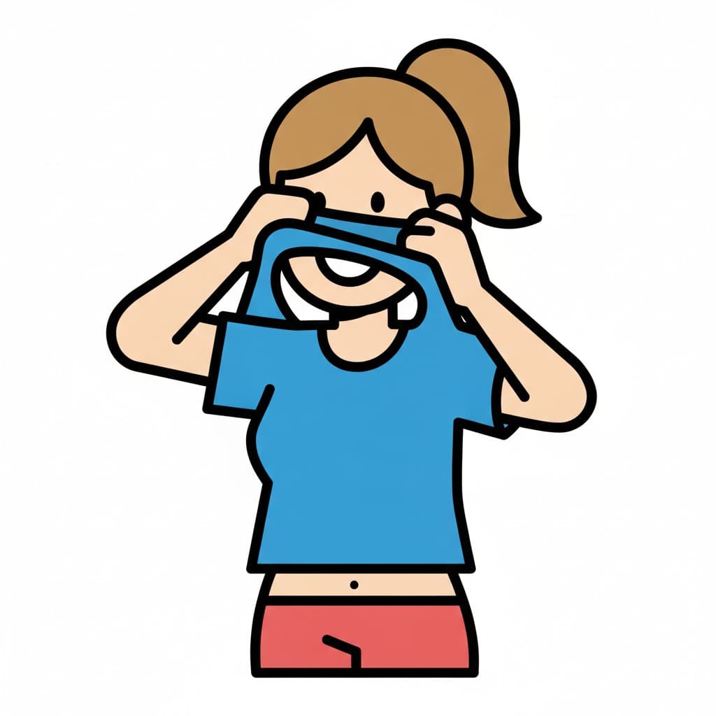 A girl with a ponytail pulls a blue t-shirt down over her face with both hands.