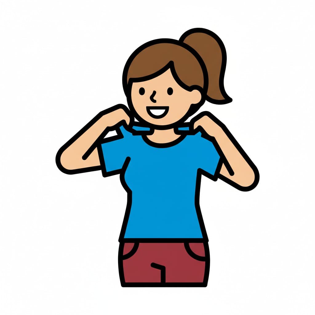 En flicka med hästsvans drar en blå t-shirt på plats över axlarna och har röda shorts på sig.
