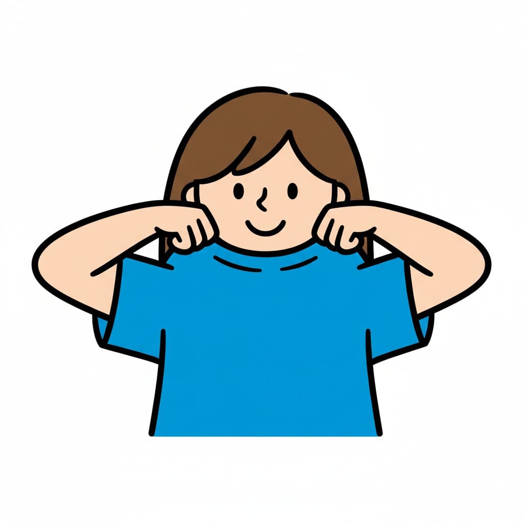 A girl holds the collar of her blue t-shirt.
