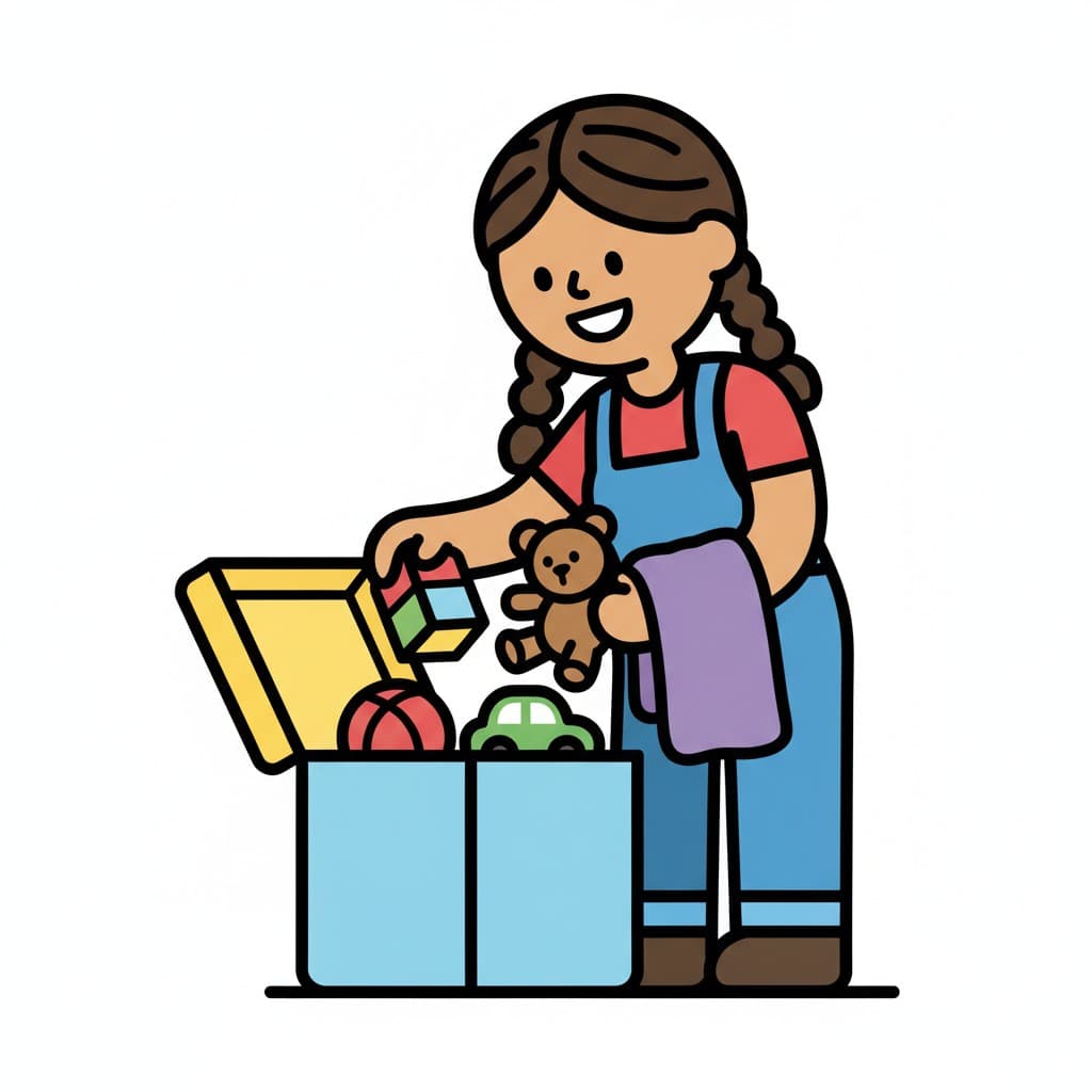 A girl with pigtails puts away toys into a toy box. She is holding a colorful block, a teddy bear, and a purple cloth.