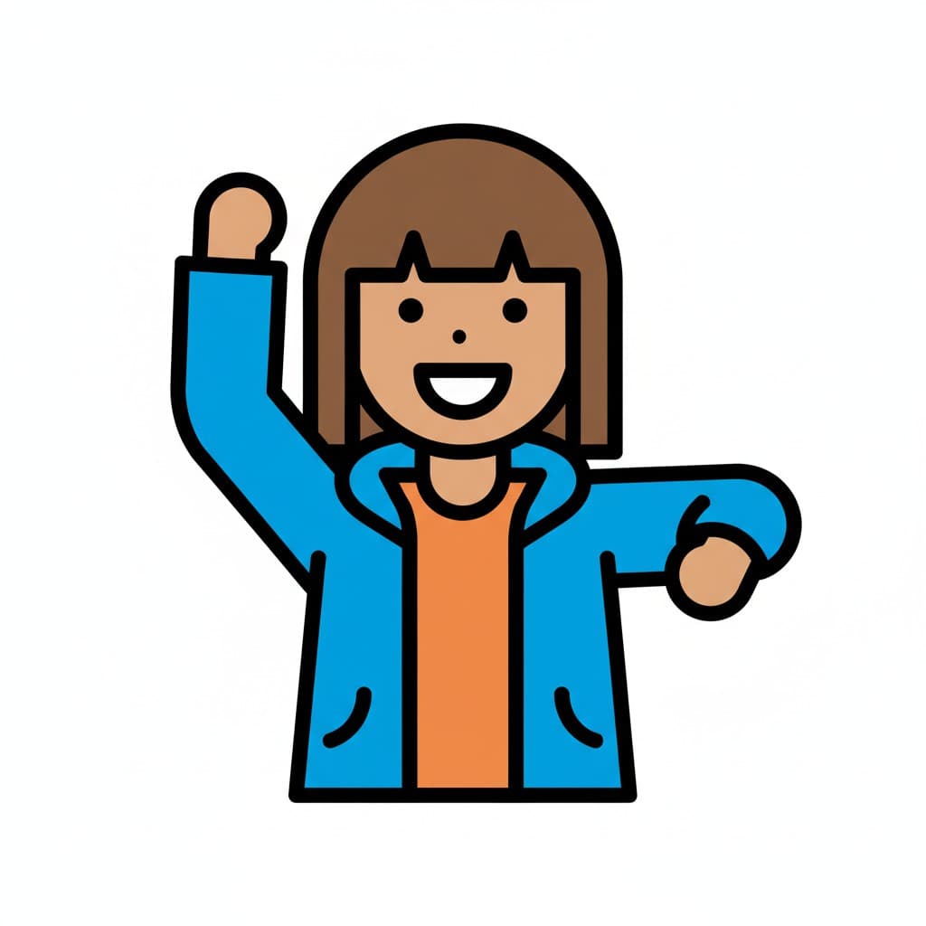 A girl puts on a blue jacket.