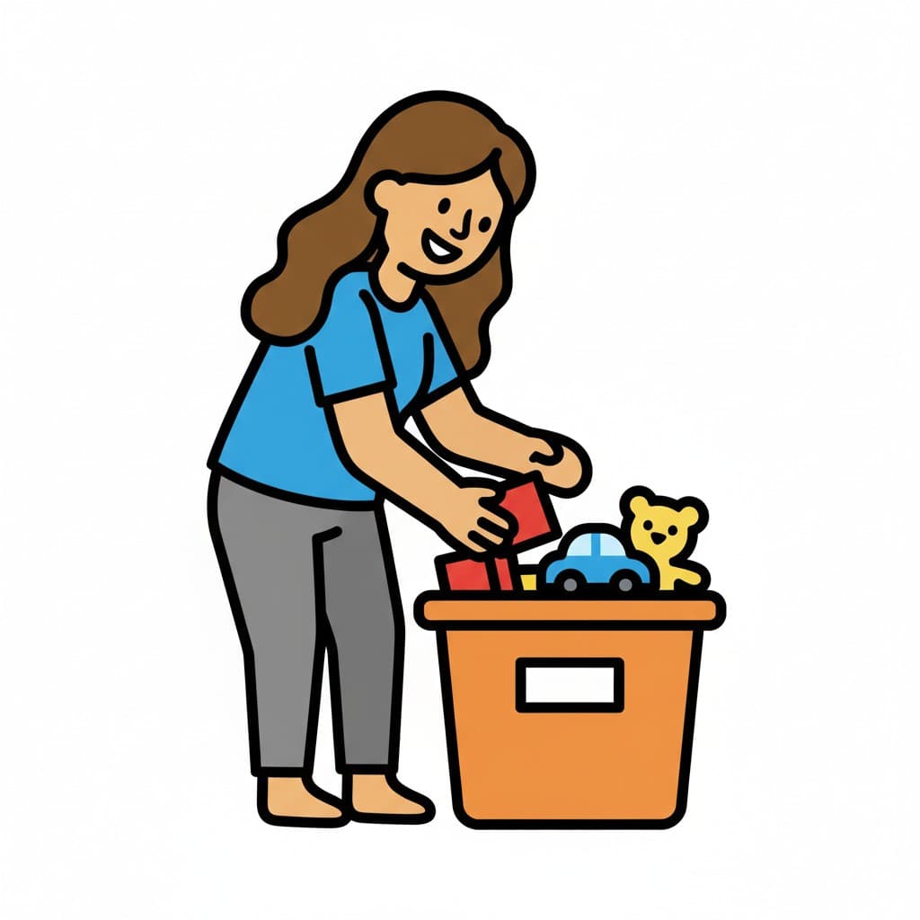 Nainen laittaa punaisia palikoita oranssiin lelukoriin muiden lelujen kanssa.