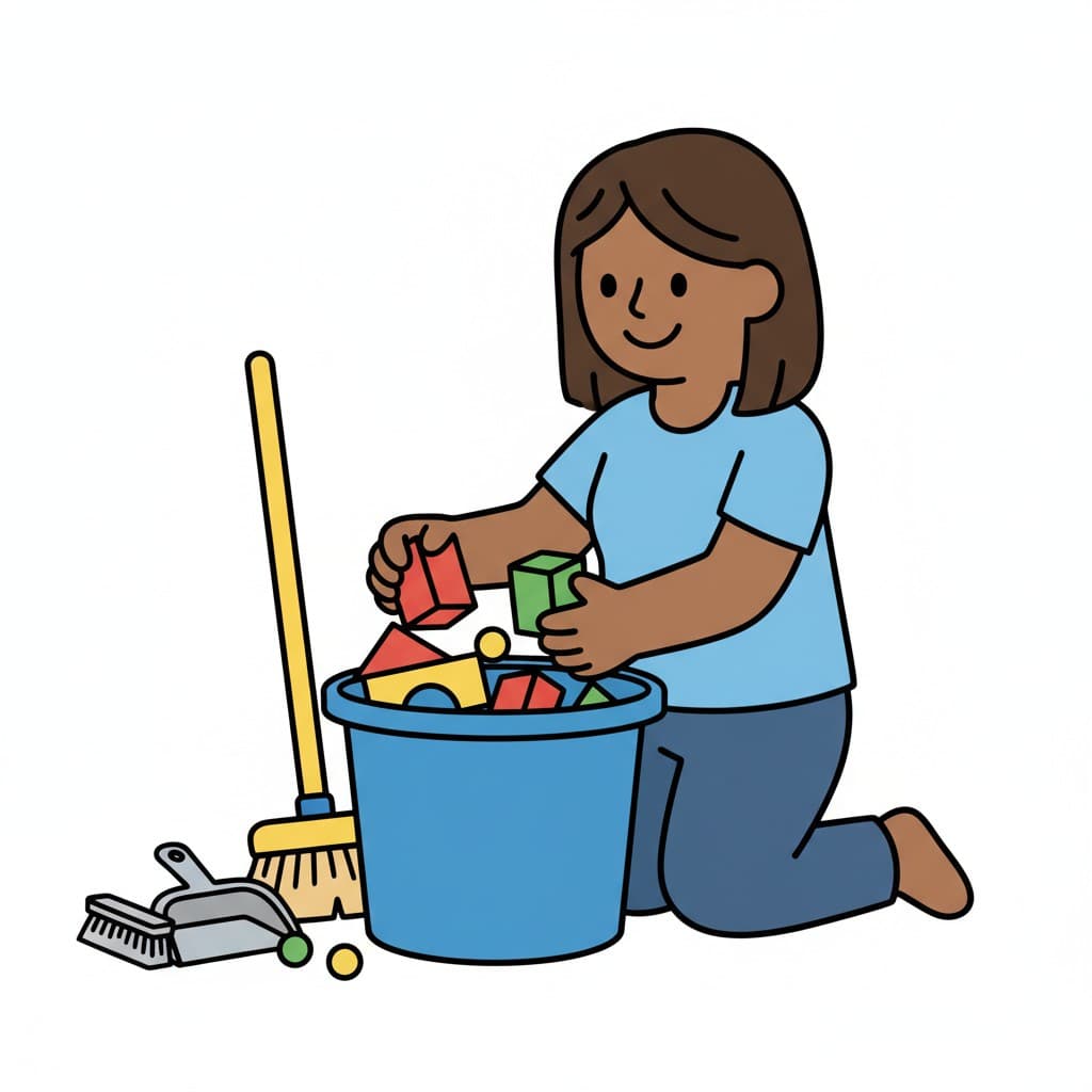A girl kneels and drops colourful building blocks into a blue bucket, with a broom, dustpan and brush on the floor beside her.