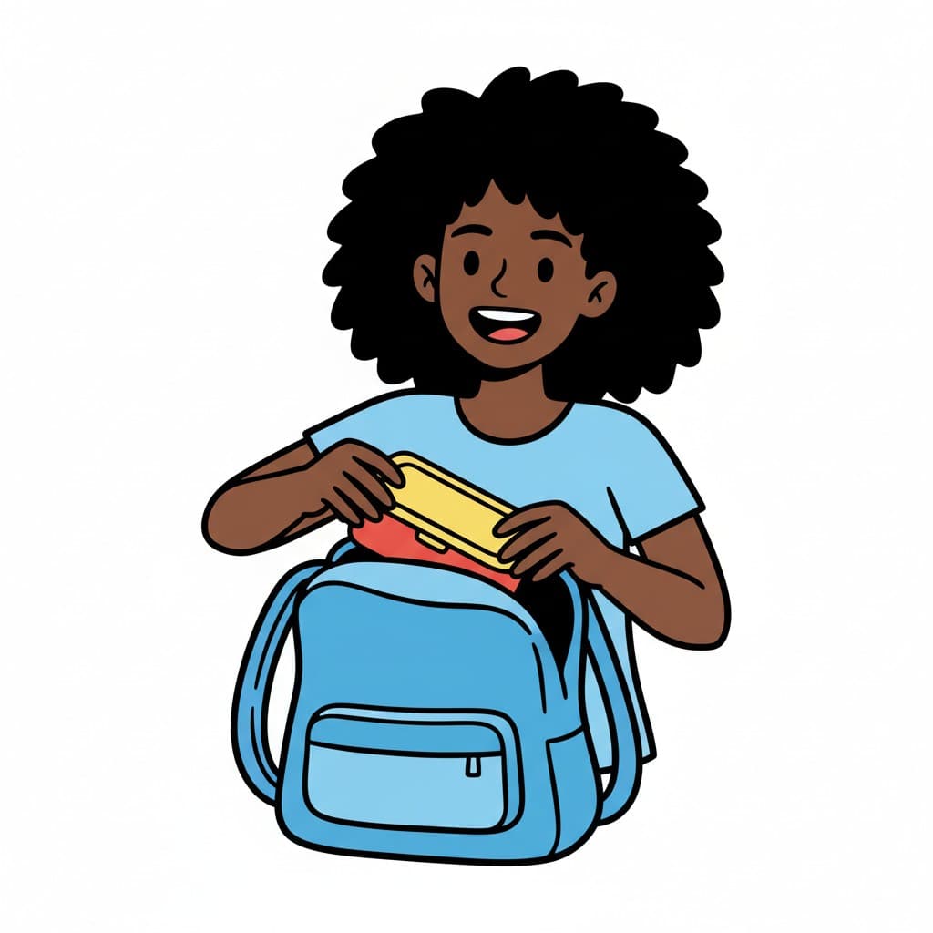 A girl is putting a yellow container into a blue backpack.