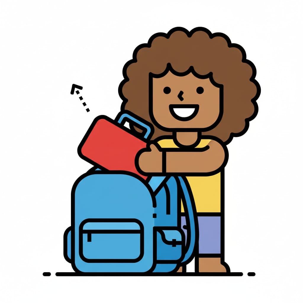 A girl is putting a red lunchbox into a blue backpack.