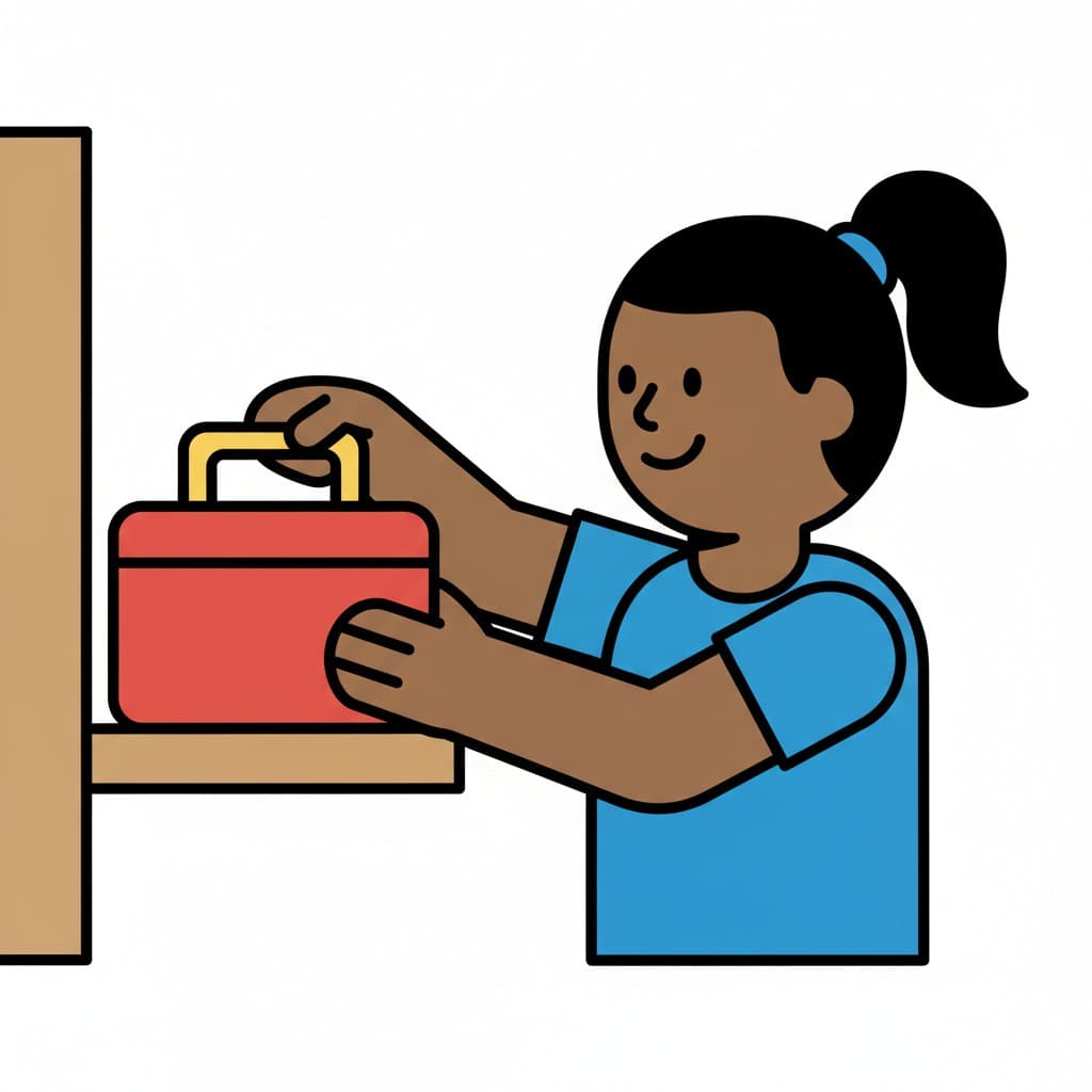 A girl is putting a red lunchbox on a shelf.