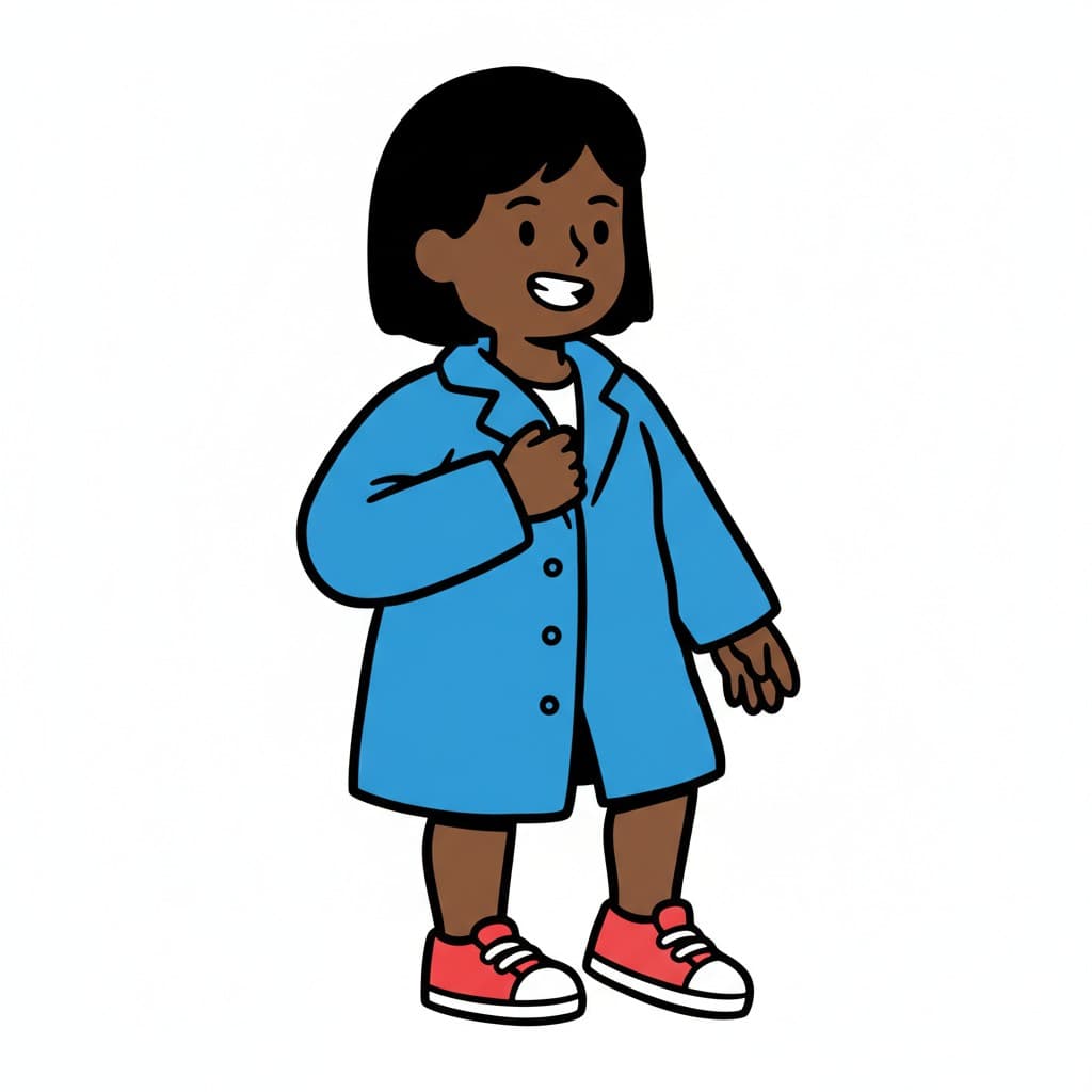 Ein Mädchen zieht einen blauen Mantel und rote Schuhe an.