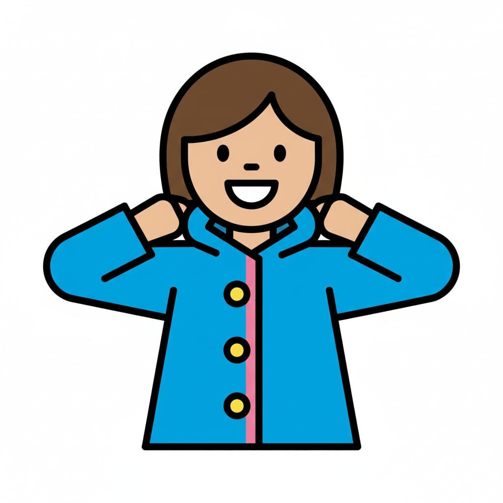 A girl putting on a blue coat.