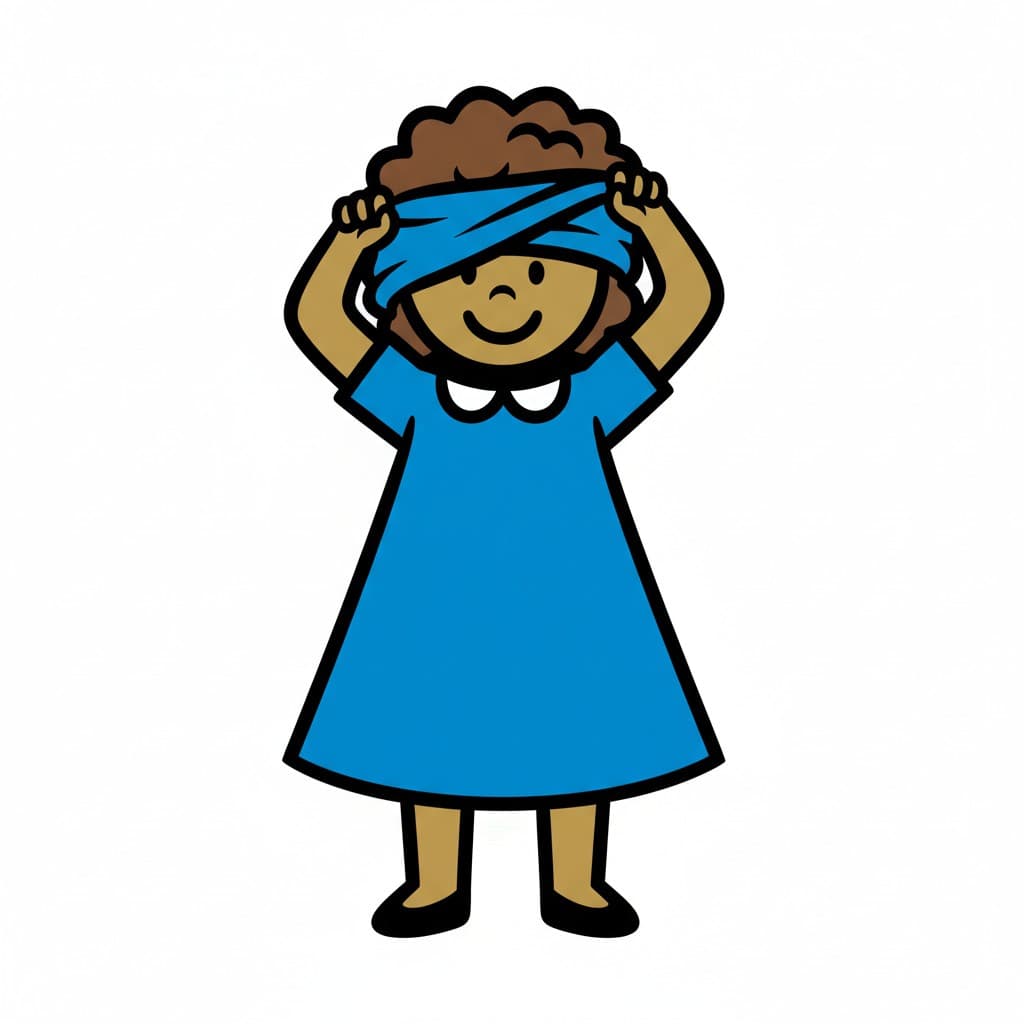 Ett barn drar på sig en blå klänning över huvudet, med bara den leende munnen synlig.