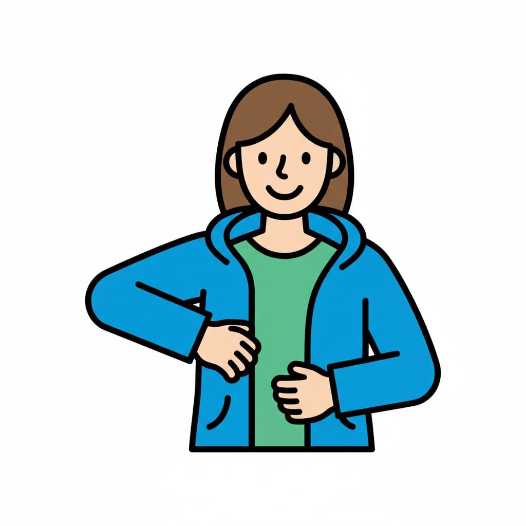 A person putting on a blue jacket.