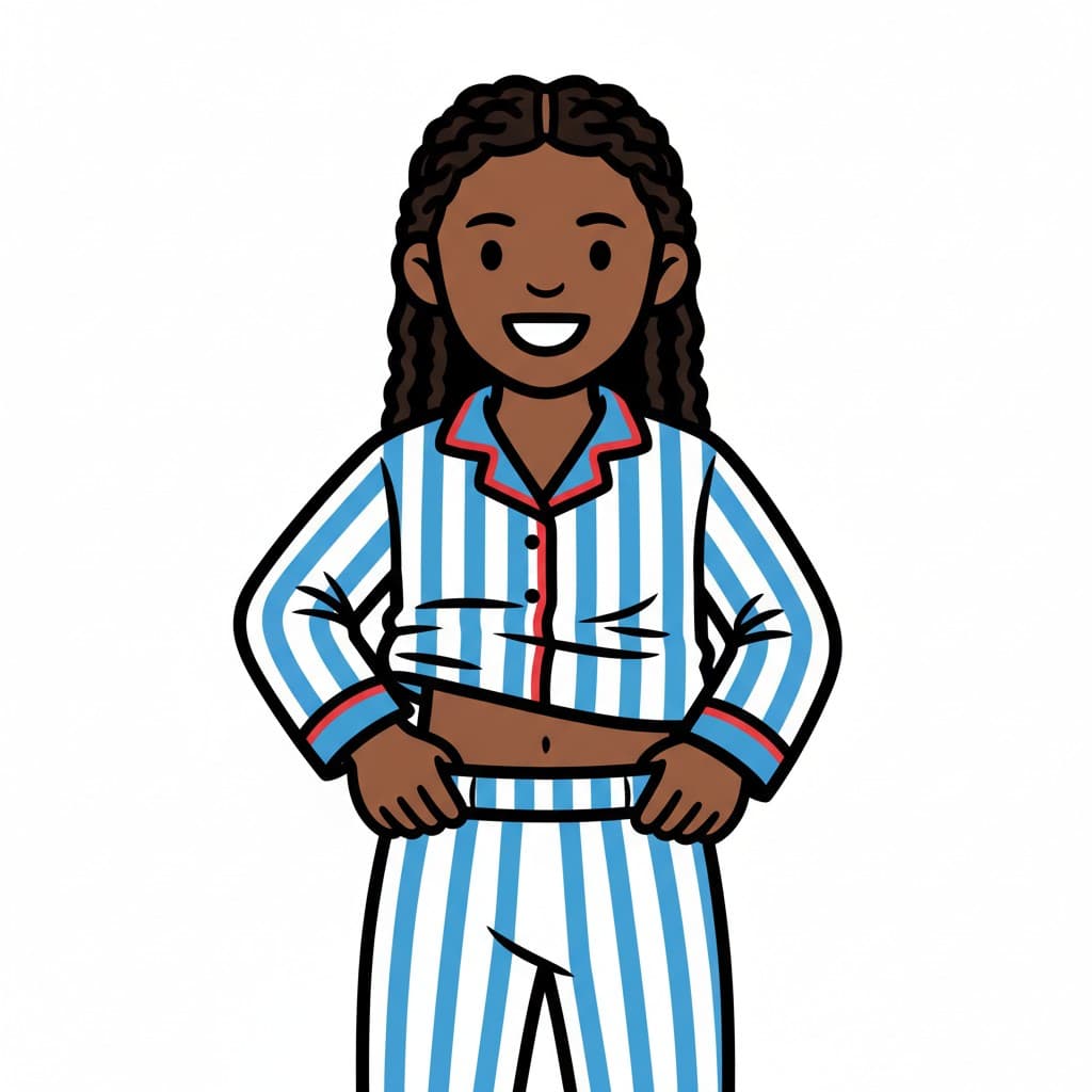 En person tar på sig blå- och vitrandig pyjamas.