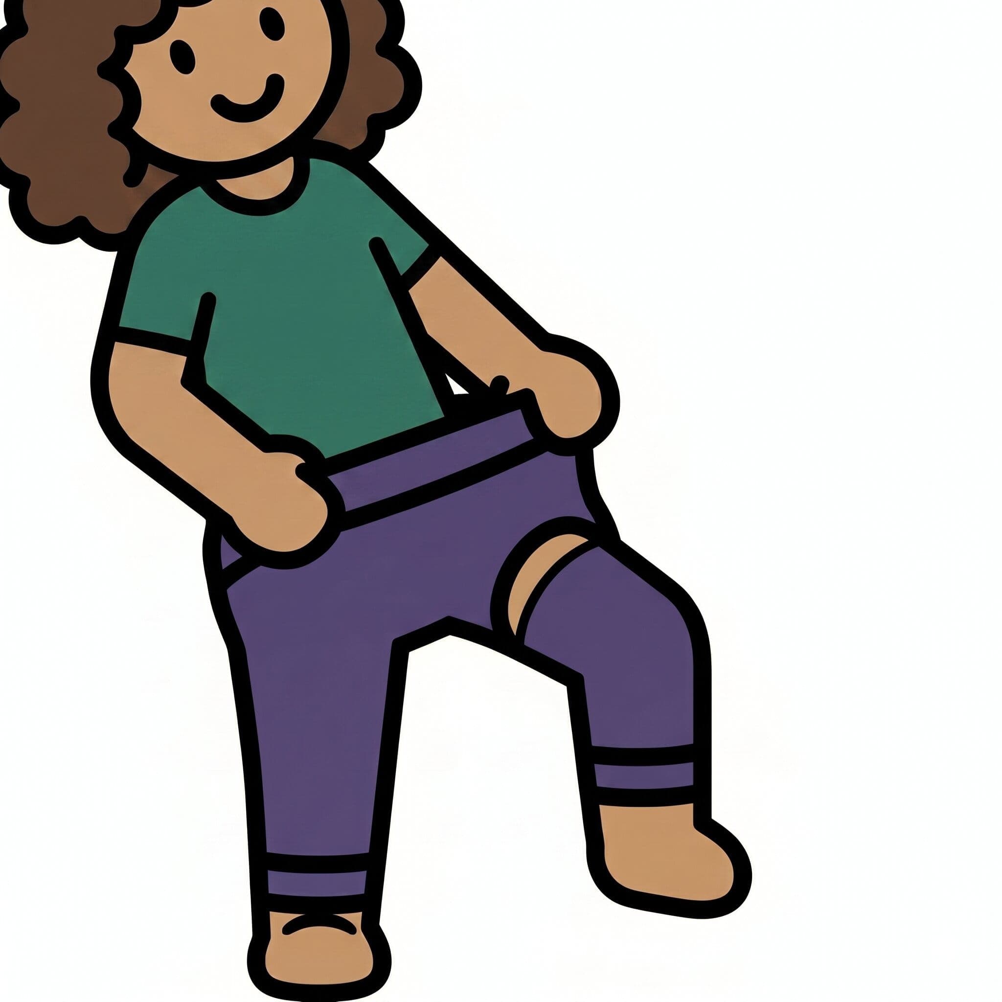 A smiling person putting on purple leggings.