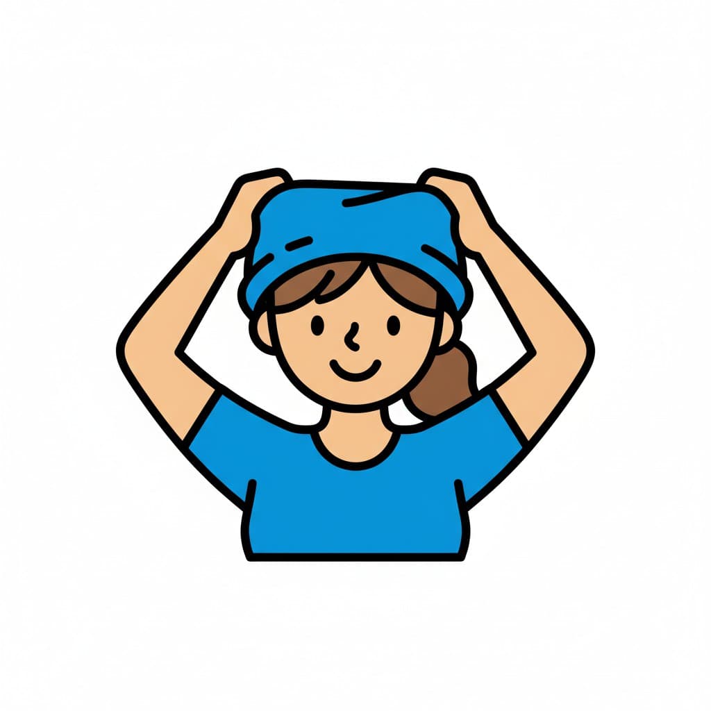 A person putting on a blue shirt.
