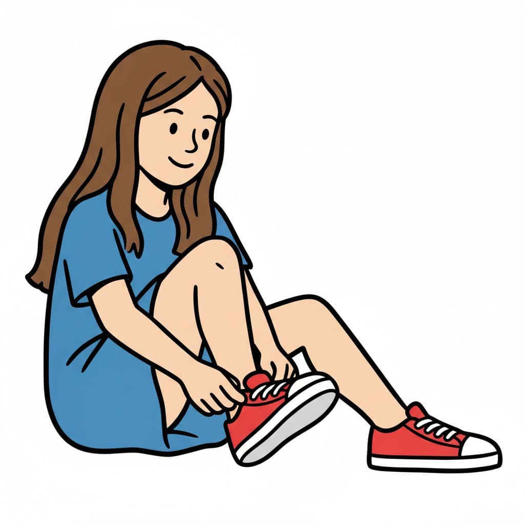 Ein Mädchen sitzt auf dem Boden und zieht ihre roten Schuhe an.
