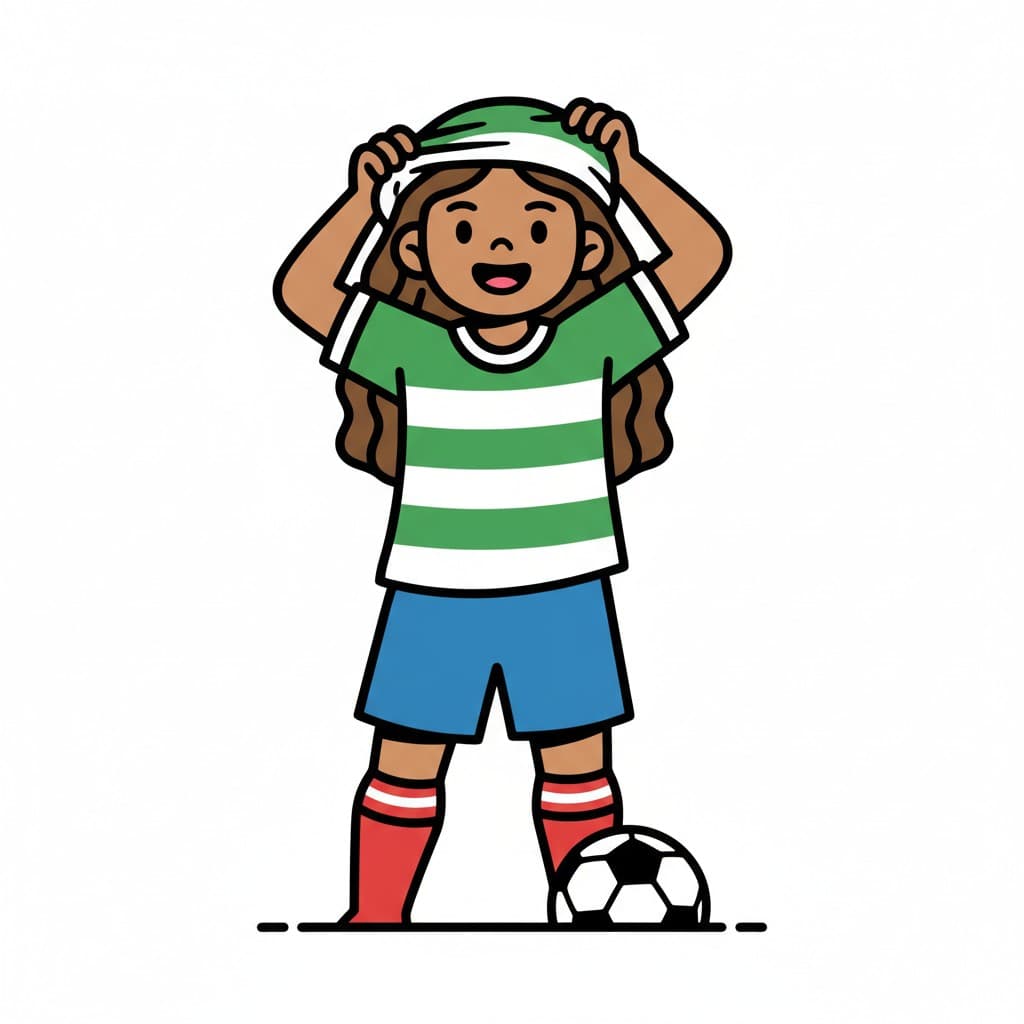 A girl putting on a green and white striped soccer jersey. She is standing next to a soccer ball and wearing blue shorts and red socks.