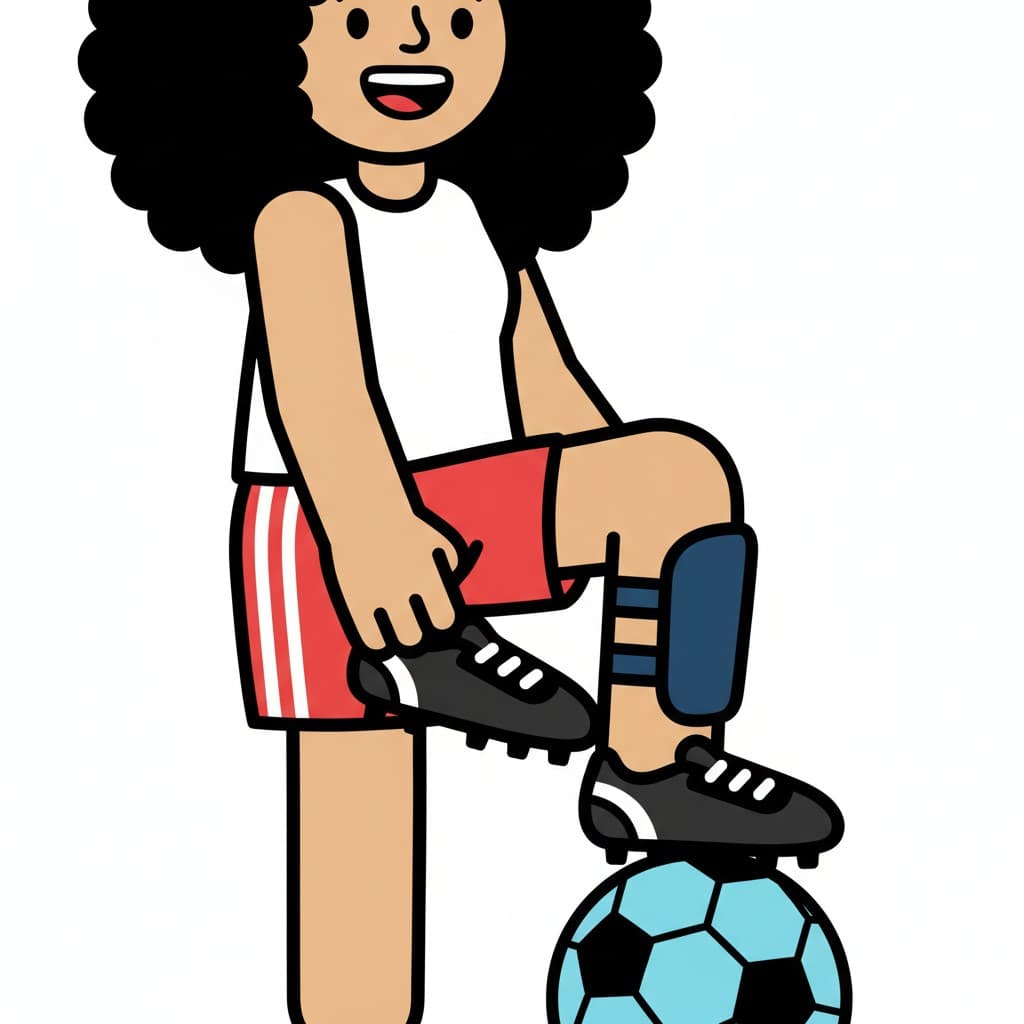 En person tar på sig en fotbollssko, med en fot på en fotboll. Personen har benskydd på sig.