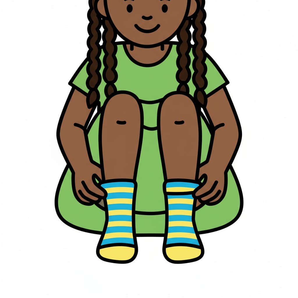 A girl is sitting down and putting on a pair of striped socks.