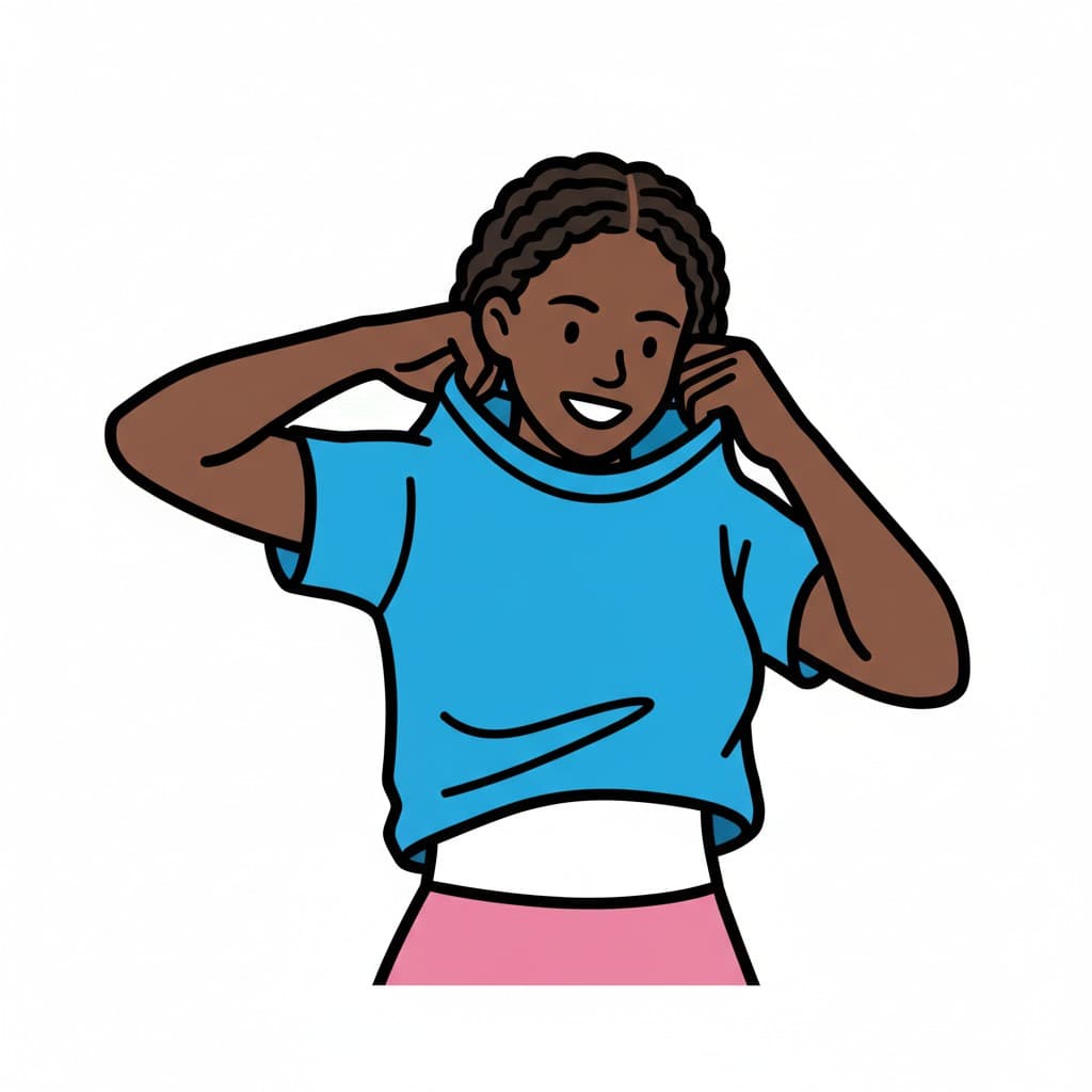 A girl putting a blue t-shirt over her head.