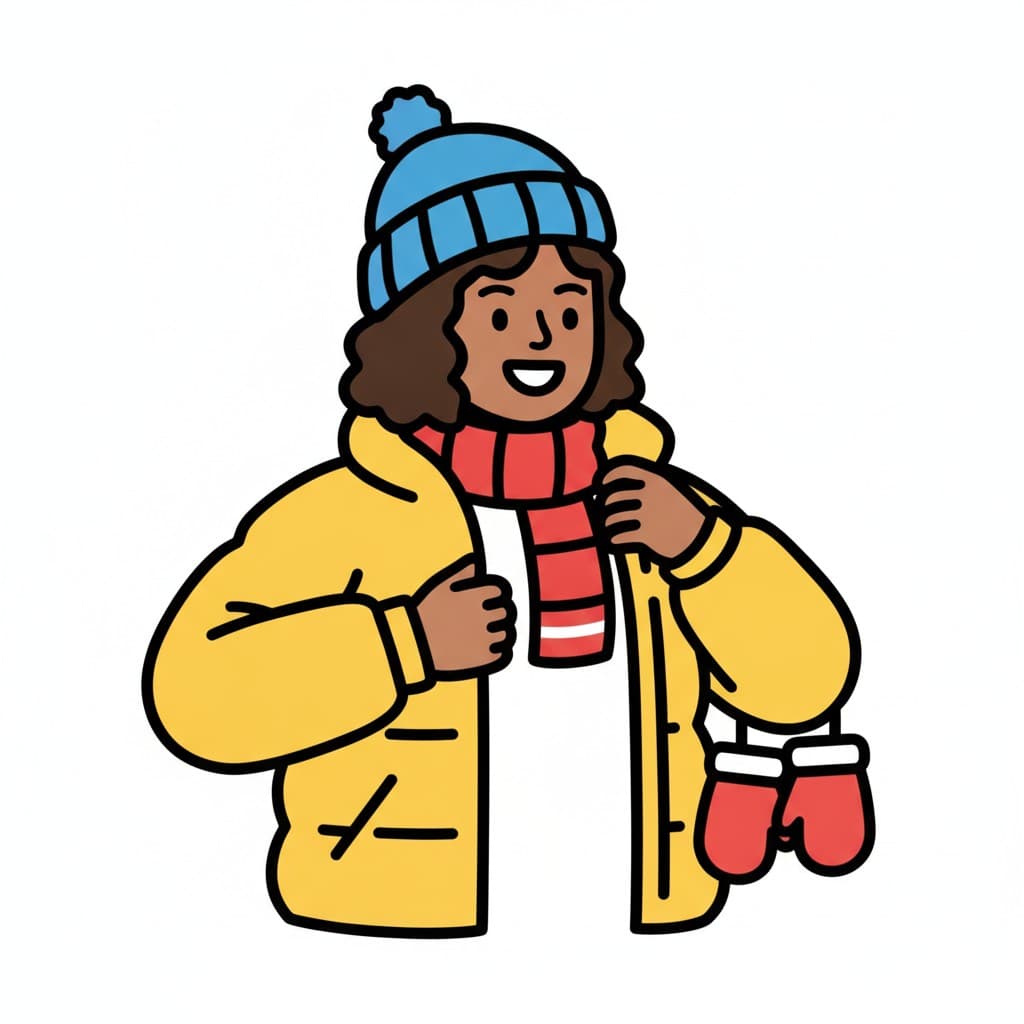 Wearing a blue bobble hat and a striped red scarf, a girl slips into a yellow winter coat with red mittens hanging from the sleeve.