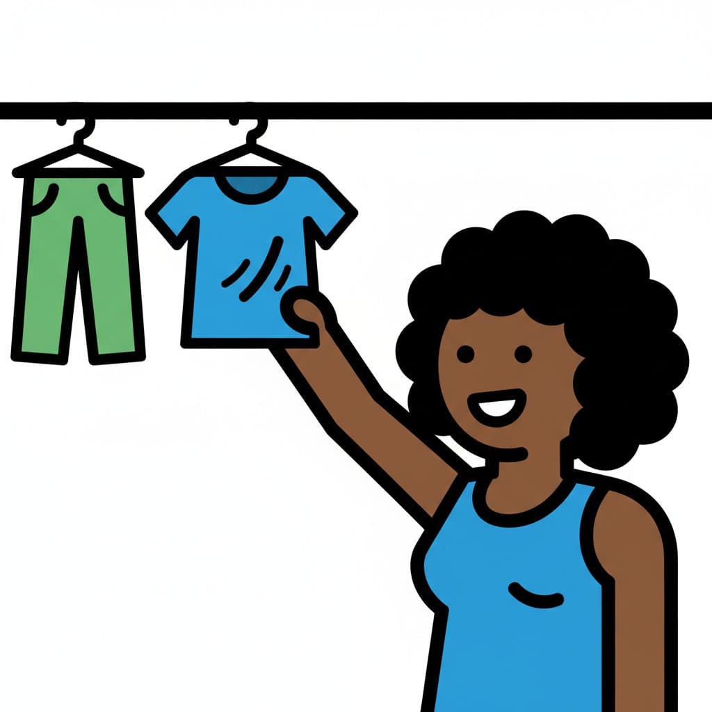 En leende person håller en blå t-shirt och sträcker sig uppåt för att hänga den på en klädstång, bredvid gröna byxor på en galge.