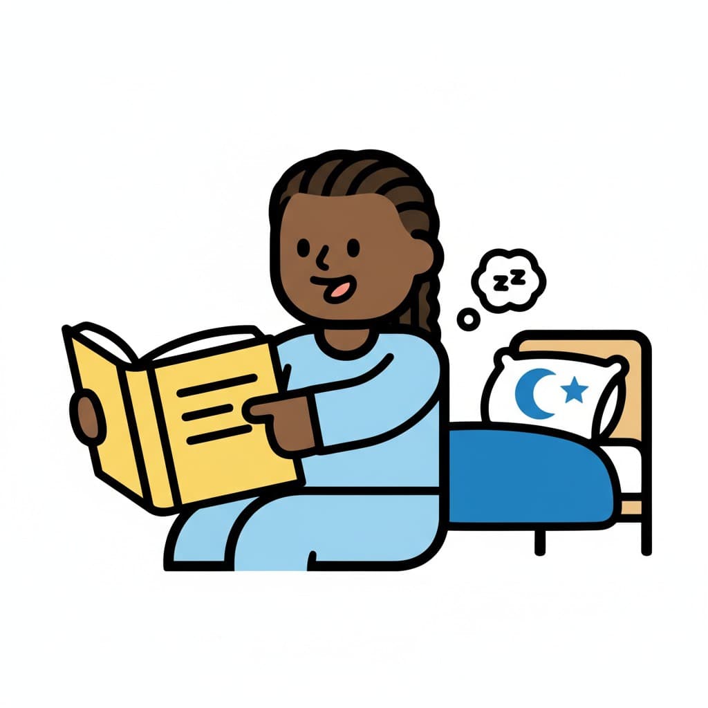 A person in pajamas is sitting in bed, reading a book. A thought bubble with 'zz' indicates sleepiness, and a pillow with a moon and star is on the bed.