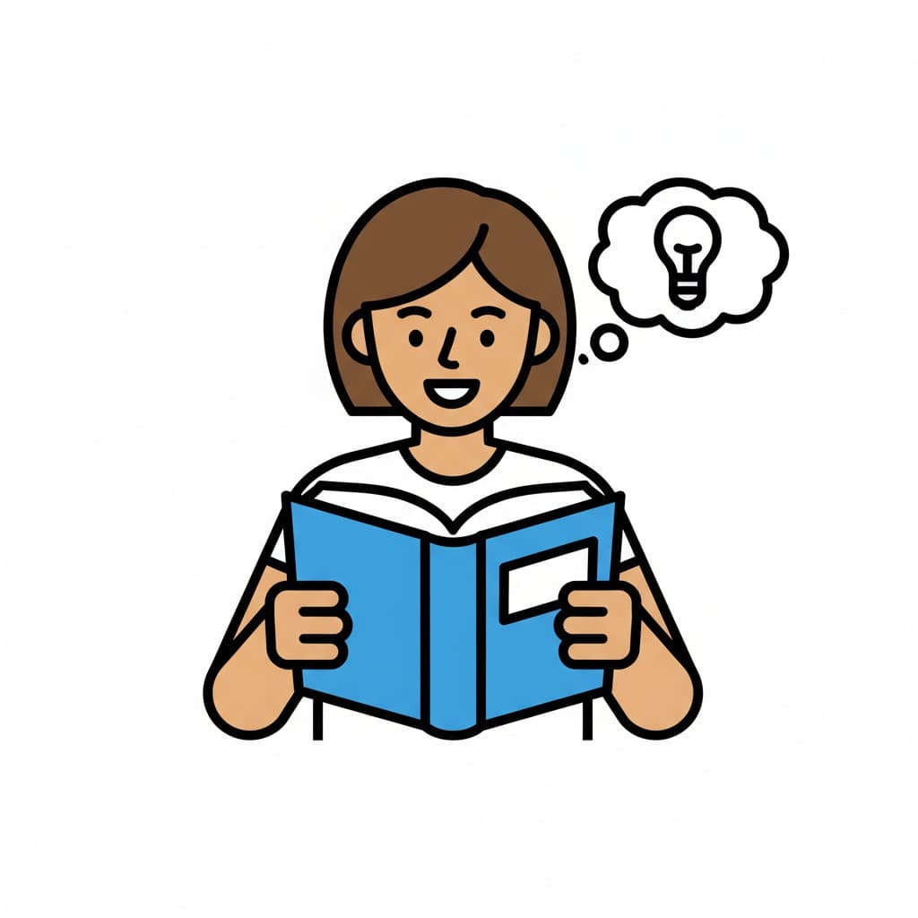 En illustration av en flicka med kort brunt hår, iklädd en vit tröja, som glatt läser en öppen blå bok. En tankebubbla med en glödlampa svävar över hennes huvud, vilket indikerar en idé eller förståelse.