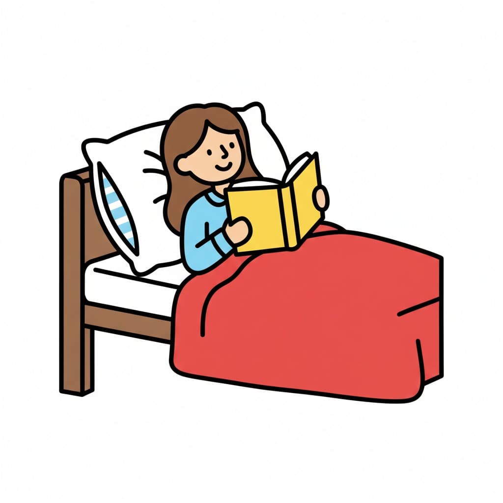 A person is sitting in bed with a pillow behind them, reading a book.