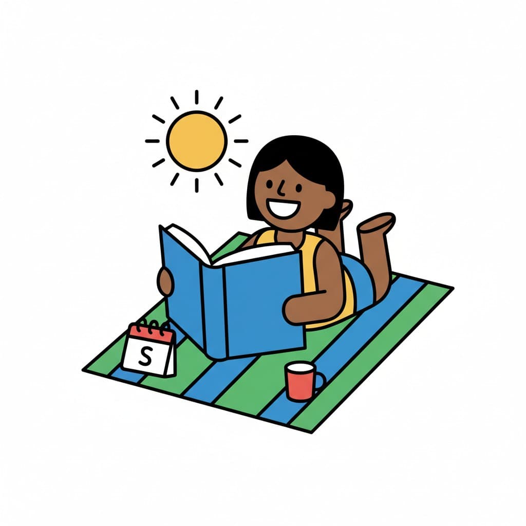 A girl is lying on a blanket outdoors, reading a book. A calendar with an 'S' and a mug are next to her. The sun is shining.